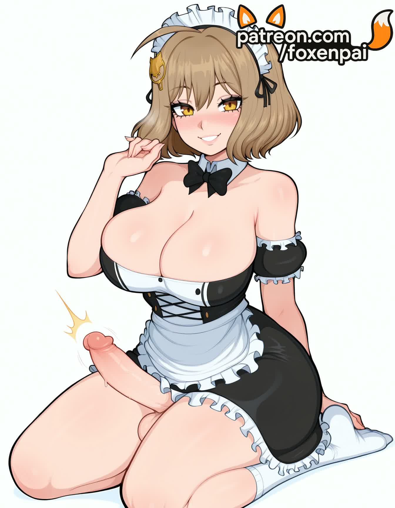 1futa, 2025, ai generated, anis (nikke), artist name, balls, blush, breasts, brown hair, bust, chest, cleavage, cock, dick, dress, erection, eyebrows visible through hair, foxenpai, frills, futanari, goddess of victory: nikke, hi res, high quality, high resolution, highres, intersex, maid, maid headdress, patreon, patreon username, penis, precum, seiza, sitting, smile, solo, stable diffusion, testicles, uncensored, veins, wariza, watermark, white apron