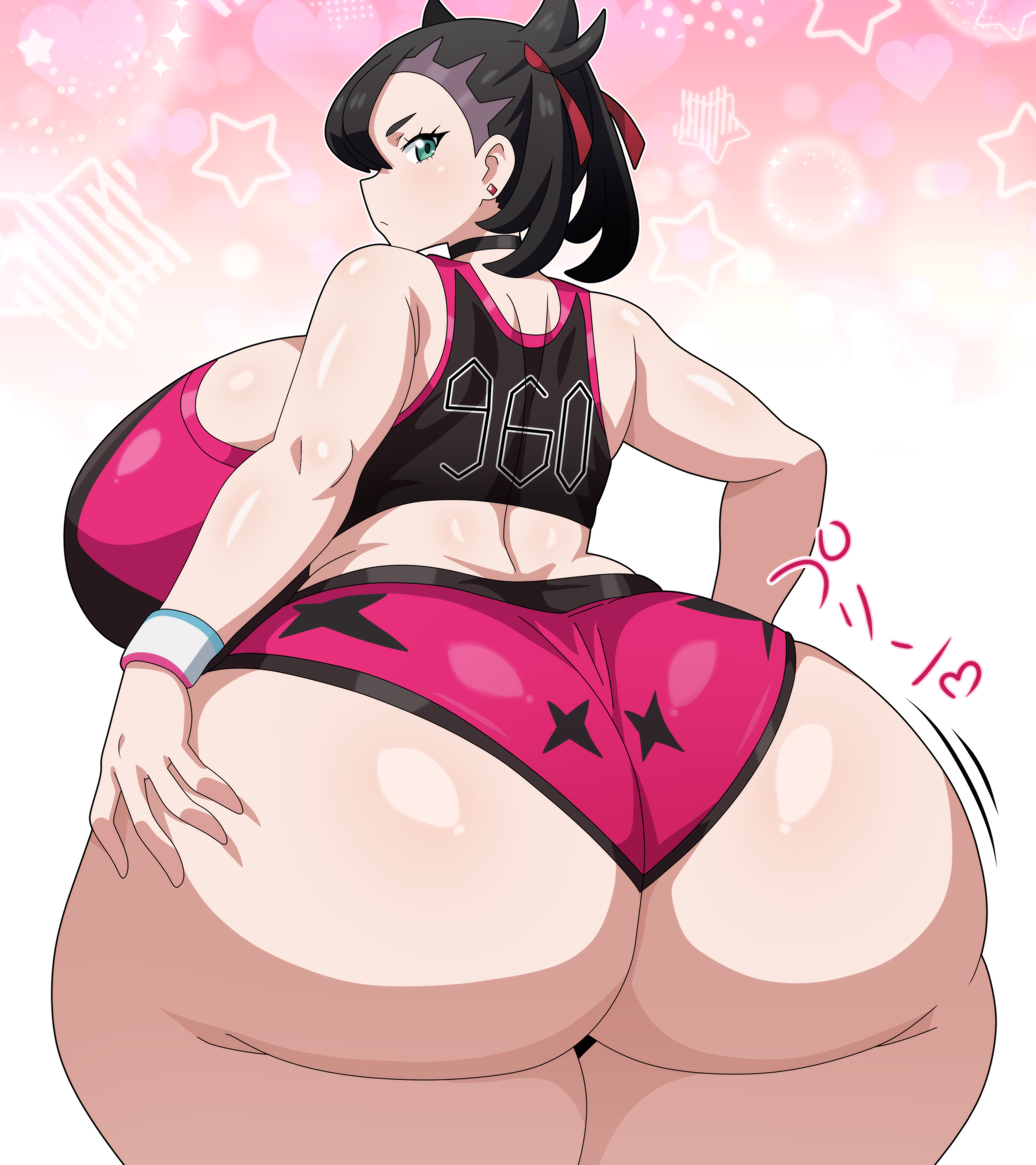 1girls, alternate breast size, ass, ass bigger than head, ass focus, big ass, big breasts, black hair, breasts, earrings, female, female only, gigantic breasts, goth, goth girl, green eyes, hitokiwa kenchin, huge ass, huge breasts, hyper, hyper ass, jersey, light-skinned female, looking at viewer, looking back, marnie (pokemon), massive ass, panties, pokemon, pokemon ss, punk girl, shiny skin, solo, sports bra, twintails, wobbling ass, wristband