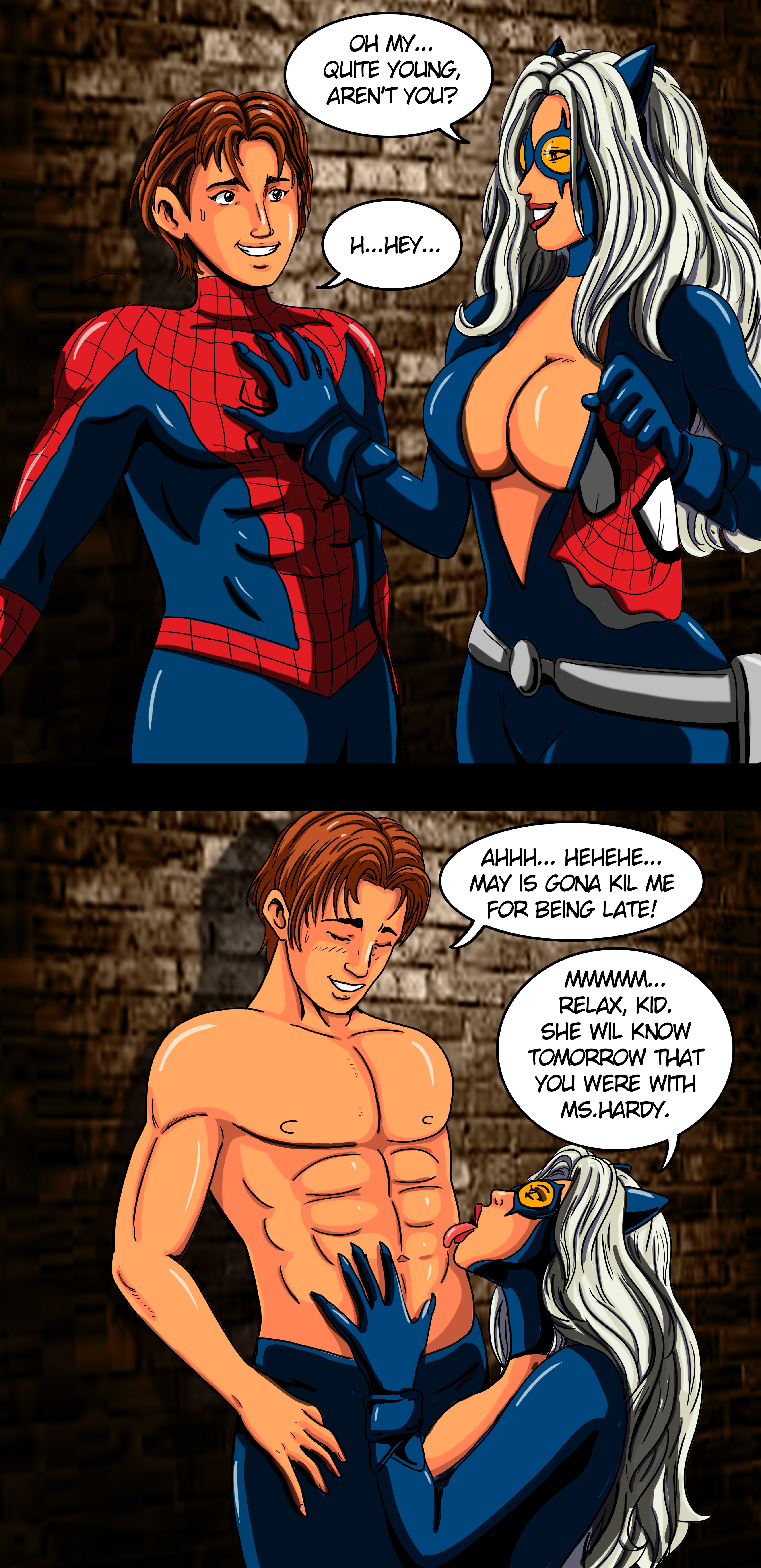 1boy, 1boy1girl, 1girls, 2d, athletic, athletic male, black cat (marvel), bodysuit, brown hair, cat ears, felicia hardy, female, female licking male, happy ending, hi res, high resolution, highres, licking, licking abs, licking partner, light skin, light-skinned male, long hair, male, male/female, marvel, marvel comics, older female, older female and younger male, peter parker, red lipstick, short hair, sillvayohana, skin tight, spider-man, spider-man (series), straight, tight clothes, tight clothing, tongue, tongue out, topless, topless male, ultimate marvel (2000), ultimate spider-man (2000), unzipped, unzipped bodysuit, white hair, yohana, younger male
