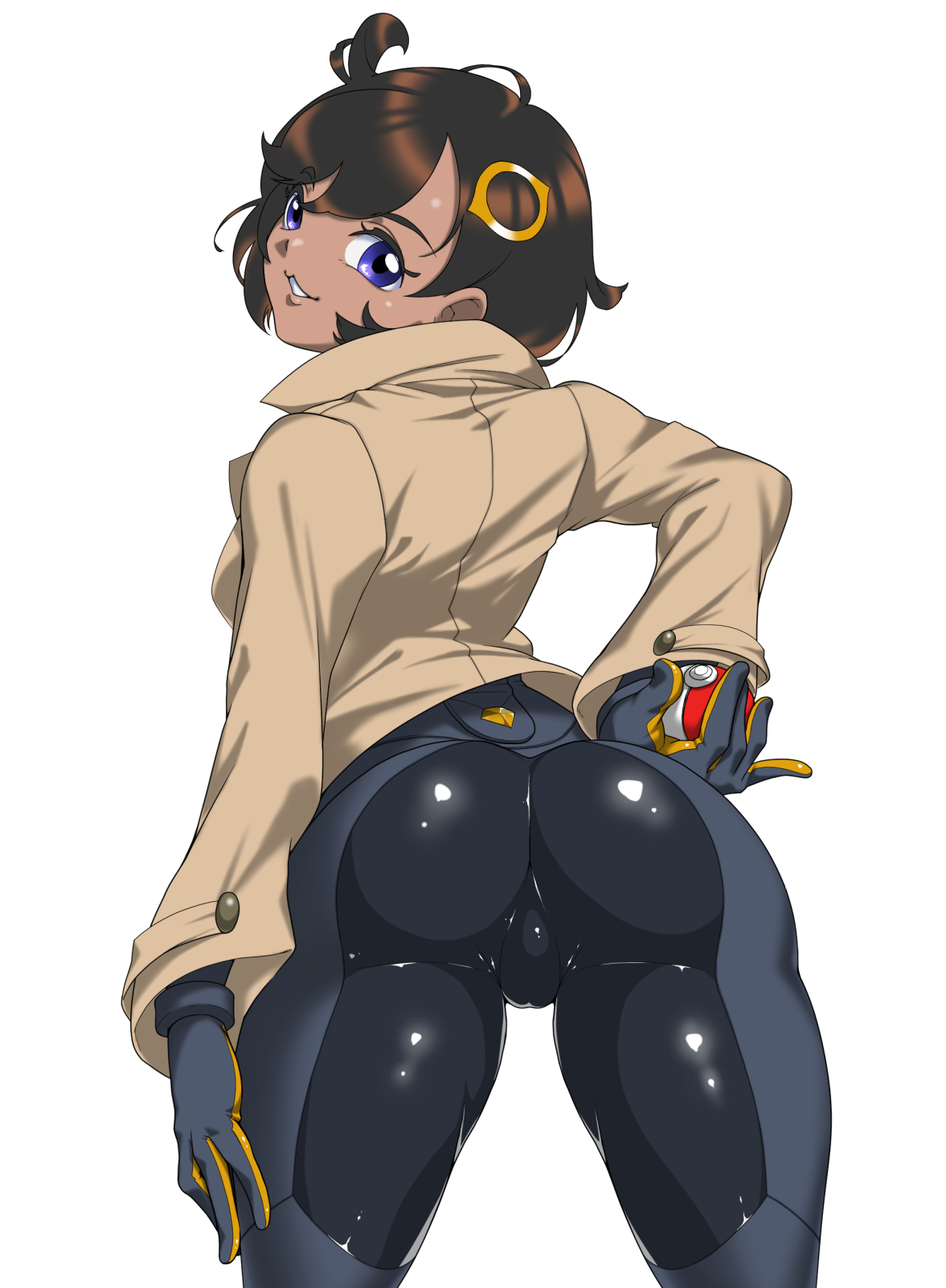 ass, black bodysuit, black gloves, black hair, bodysuit, bodysuit under clothes, breasts, brown jacket, commentary request, cowboy shot, cowlick, dark skin, dark-skinned female, emma (pokemon), female, from behind, gloves, hair between eyes, hair ornament, highres, holding, holding poke ball, jacket, jpeg, latex, latex bodysuit, long sleeves, looking at viewer, matiere (pokemon legends: z-a), matiere (pokemon), medium breasts, nintendo, orange gloves, parted lips, partial commentary, poke ball, poke ball (basic), pokemon, pokemon legends: z-a, purple eyes, short hair, sidelocks, simple background, smile, solo, standing, swept bangs, two-tone gloves, white background, yasuaki