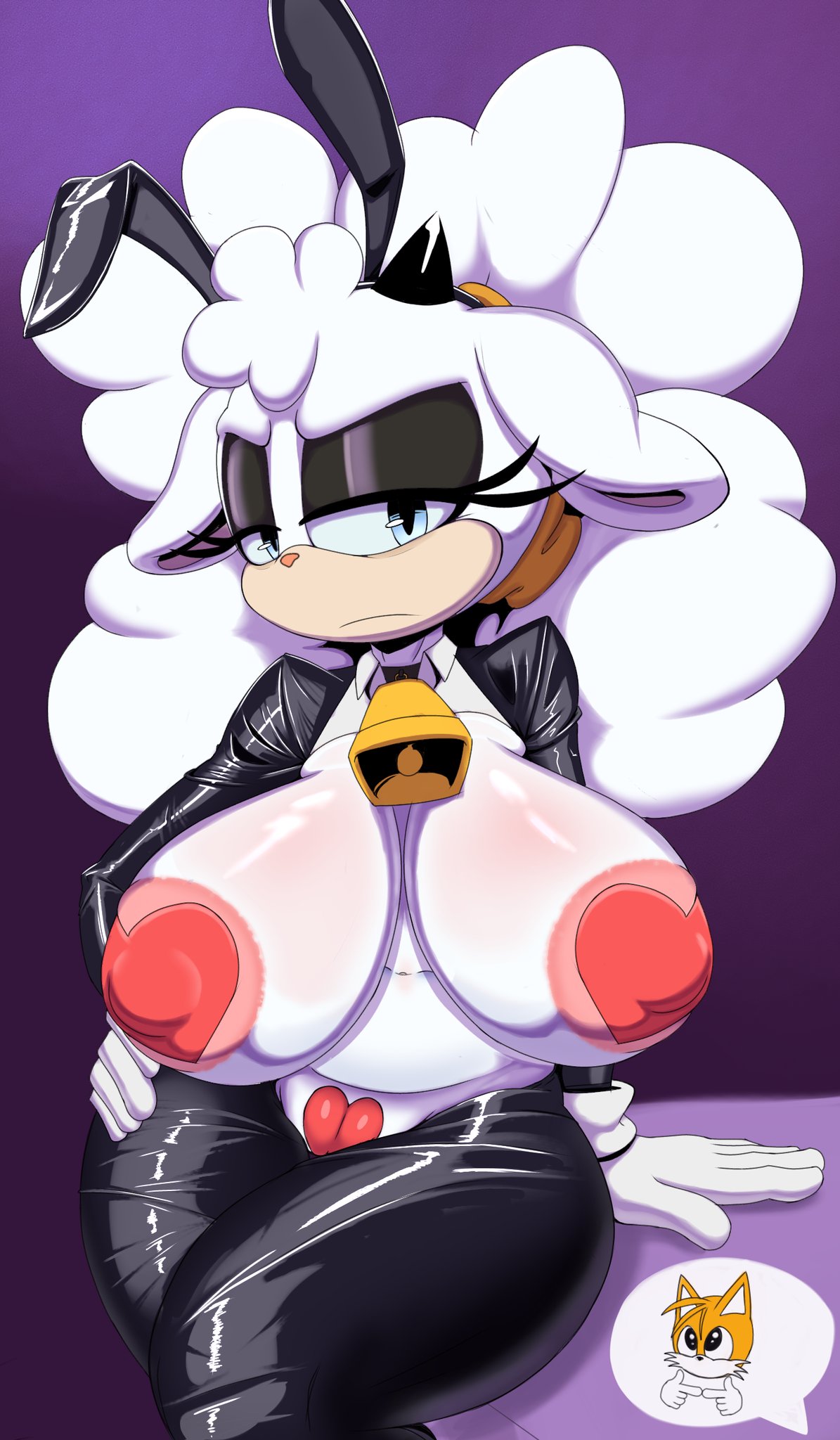 annoyed expression, anthro, big breasts, breasts, bunny ears, cow bell, female, furry, furry female, lanolin the sheep, lanolin the sheep (sonic), mobian, mobian (species), mobian sheep, nipple covers, nude, pliica 22, pussy, pussy covered, sheep, sonic (series), sonic the hedgehog (archie), sonic the hedgehog (comics), sonic the hedgehog (series), tails, tails the fox