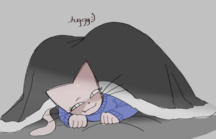 anthro, ass, bed sheet, bedding, big butt, black nose, blue clothing, blue sweater, blue topwear, blush, blush lines, clothing, cute fangs, domestic cat, eyelashes, fangs, felid, feline, felis, femboy, fur, gay, gay anal, gay male, gay sex, grey background, homosexual, homosexual male, homosexual sex, huge butt, male, male penetrated, male/male, mammal, narrowed eyes, pawpads, pink pawpads, simple background, sitting, smile, solo, solo male, squint, sweater, teeth, thick thighs, tika (tuggg), topwear, tuggg, whiskers, white body, white ears, white fur, yaoi