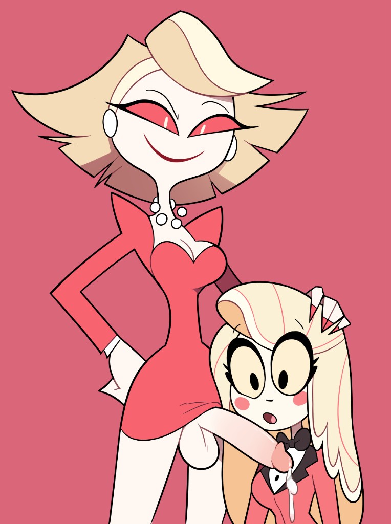 1futa, 1girls, charlie morningstar (hazbin hotel), cum drip, cum dripping, cum dripping from penis, female, futa on female, futanari, hand on head, hazbin hotel, imminent fellatio, intersex, katie killjoy, miscon, penis, staring at penis