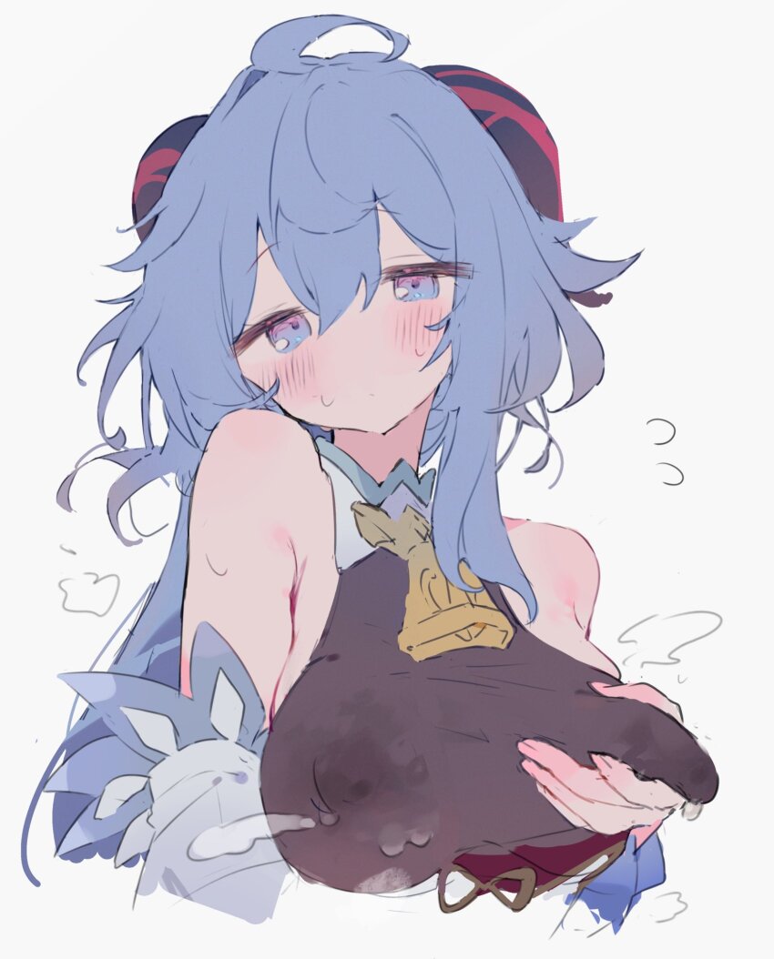 1girl, absurdres, ahoge, bare shoulders, bell, black leotard, blue eyes, blue hair, blush, breasts, bunchi, closed mouth, commentary request, covered erect nipples, cropped torso, detached sleeves, flying sweatdrops, ganyu (genshin impact), genshin impact, grabbing own breast, grey background, hair between eyes, highres, horns, hoyoverse, lactation, lactation through clothes, large breasts, leotard, long hair, looking at viewer, neck bell, simple background, solo, standing, sweat, upper body, very long hair, white background