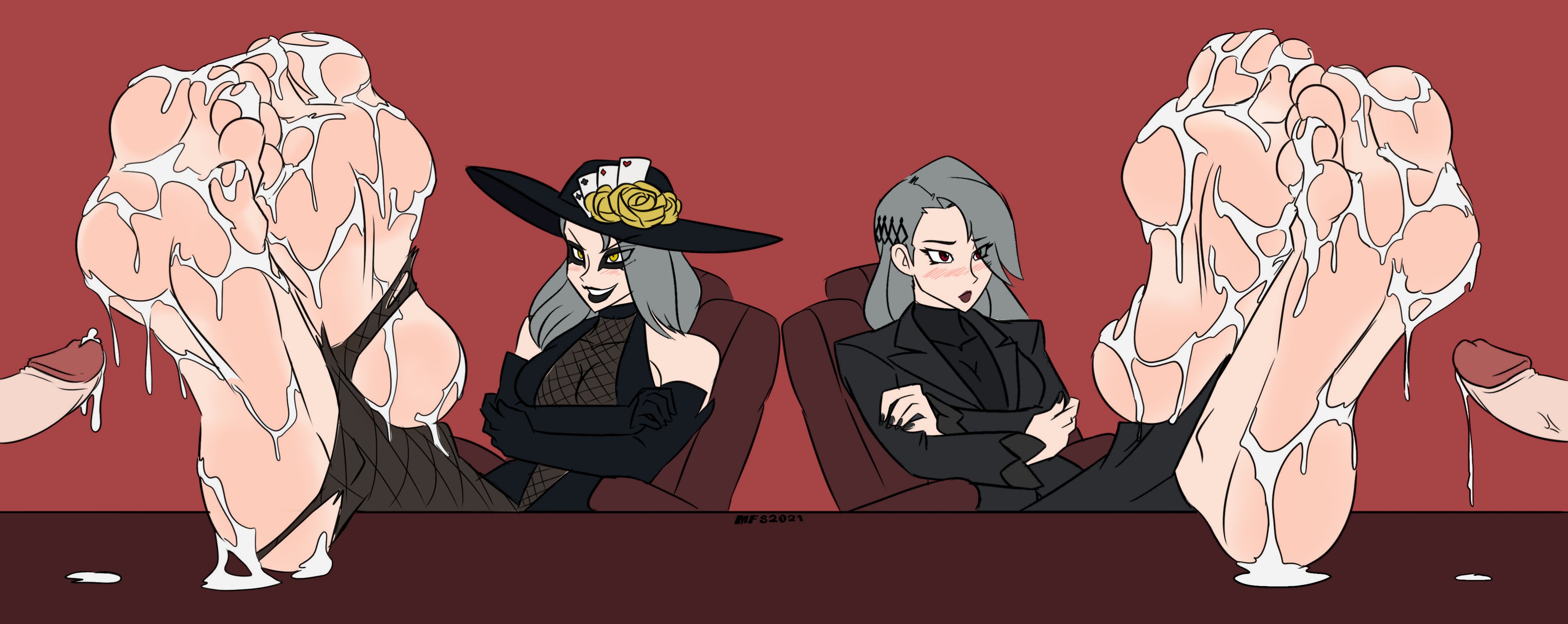 2futas, 2girls, barefoot, black choker, black eyeliner, black gloves, black lipstick, black makeup, blush, blushing, blushing female, business attire, business suit, business woman, businesswear, choker, clothed, clothed female, cum, cum drip, cum on feet, cum on soles, cum on toes, embarrased, embarrased female, female, fishnet, fishnet legwear, fishnet pantyhose, fishnet topwear, fishnets, foot fetish, foot focus, fris art, futanari, gloves, golden rose, gray hair, gray hair female, hi res, high resolution, highres, intersex, long gloves, mostlyfunstuff, offscreen futa, pale skin, pale-skinned female, persona, persona 5, persona 5 royal, poker cards, red eyes, red eyes female, ripped pantyhose, rose, rose (flower), sae niijima, sakura futaba, shadow futaba, shadow sae, smile, smiling, yellow eyes, yellow eyes female