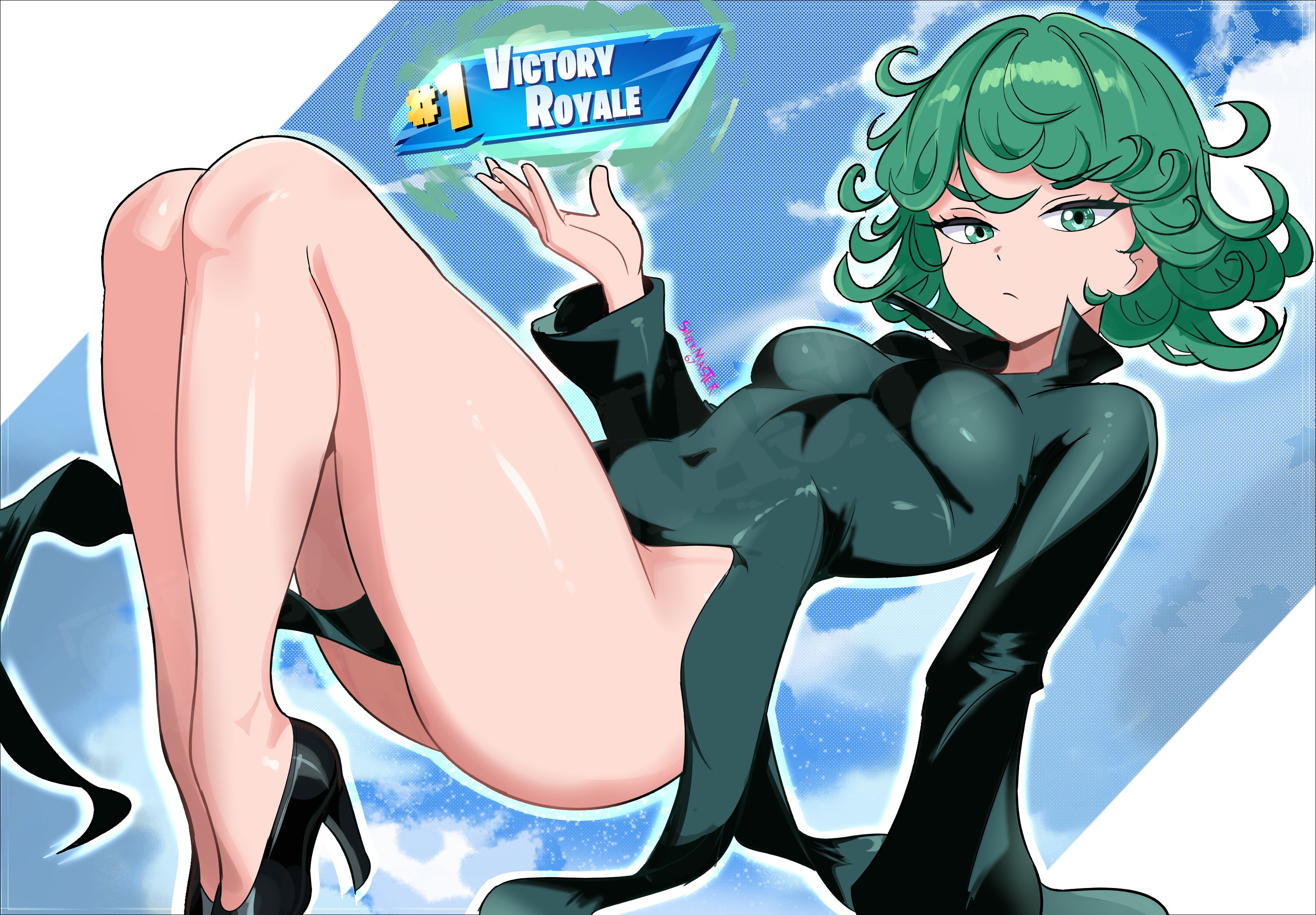 1girls, absurd res, alternate ass size, alternate breast size, artist name, ass, bangs, big ass, breasts, clothing, cloud, curly hair, curvy, day, dress, english text, eyelashes, female, female focus, female only, floating, fortnite, frown, full body, green eyes, green hair, half-closed eyes, high heels, hips, human, large ass, long sleeves, looking at viewer, medium breasts, medium hair, navel, navel visible through clothes, no panties, one-punch man, petite, pinup, revealing clothes, shiny skin, side view, signature, silvermaster67, skimpy, sky, solo, solo female, tatsumaki, text, thick thighs, thighs, wallpaper, white outline, wide hips