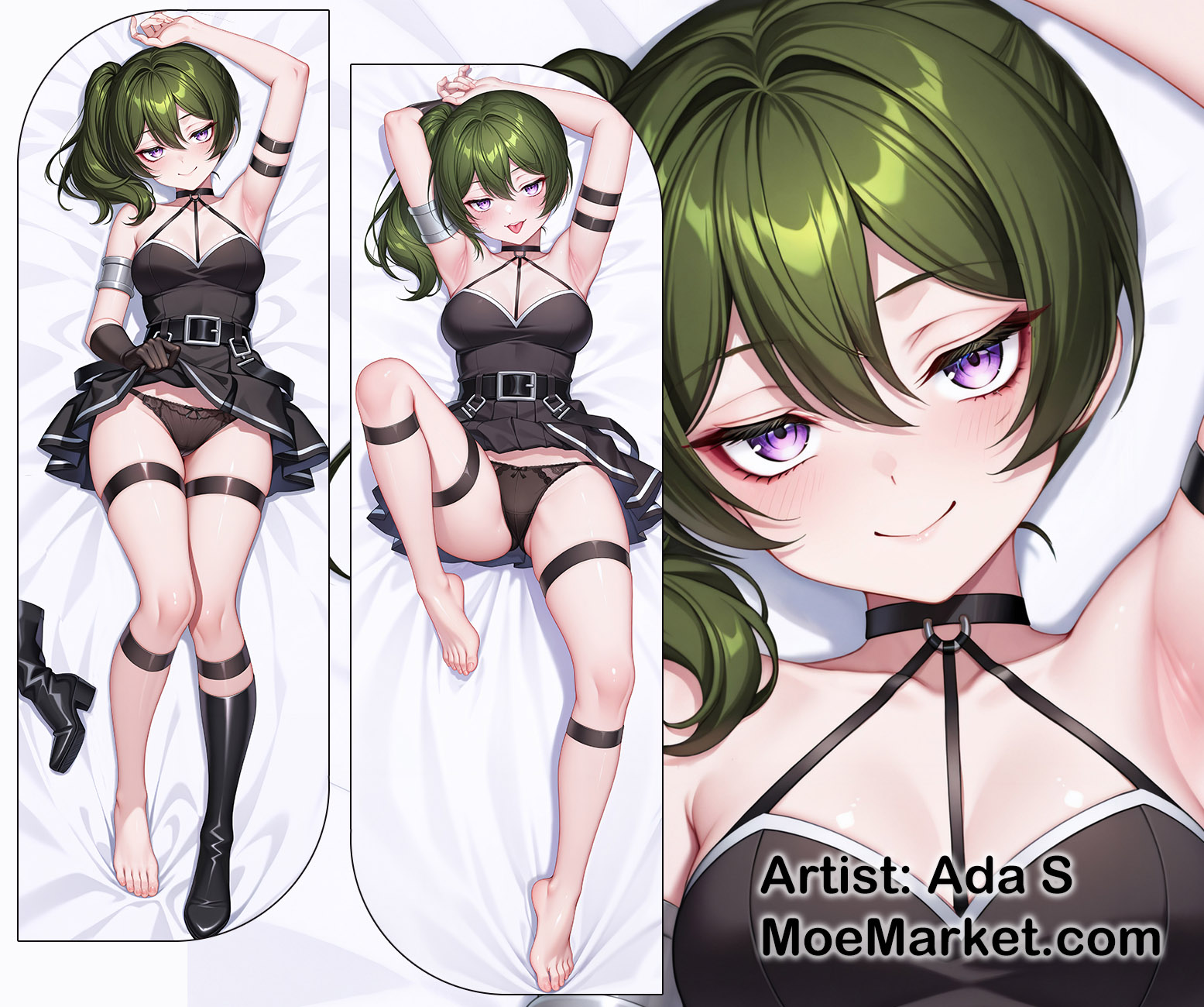 arm strap, armpits, bare shoulders, barefoot, black belt, black boots, black dress, black gloves, black panties, dakimakura, dakimakura design, green hair, looking at viewer, purple eyes, sousou no frieren, thigh strap, ubel (sousou no frieren)