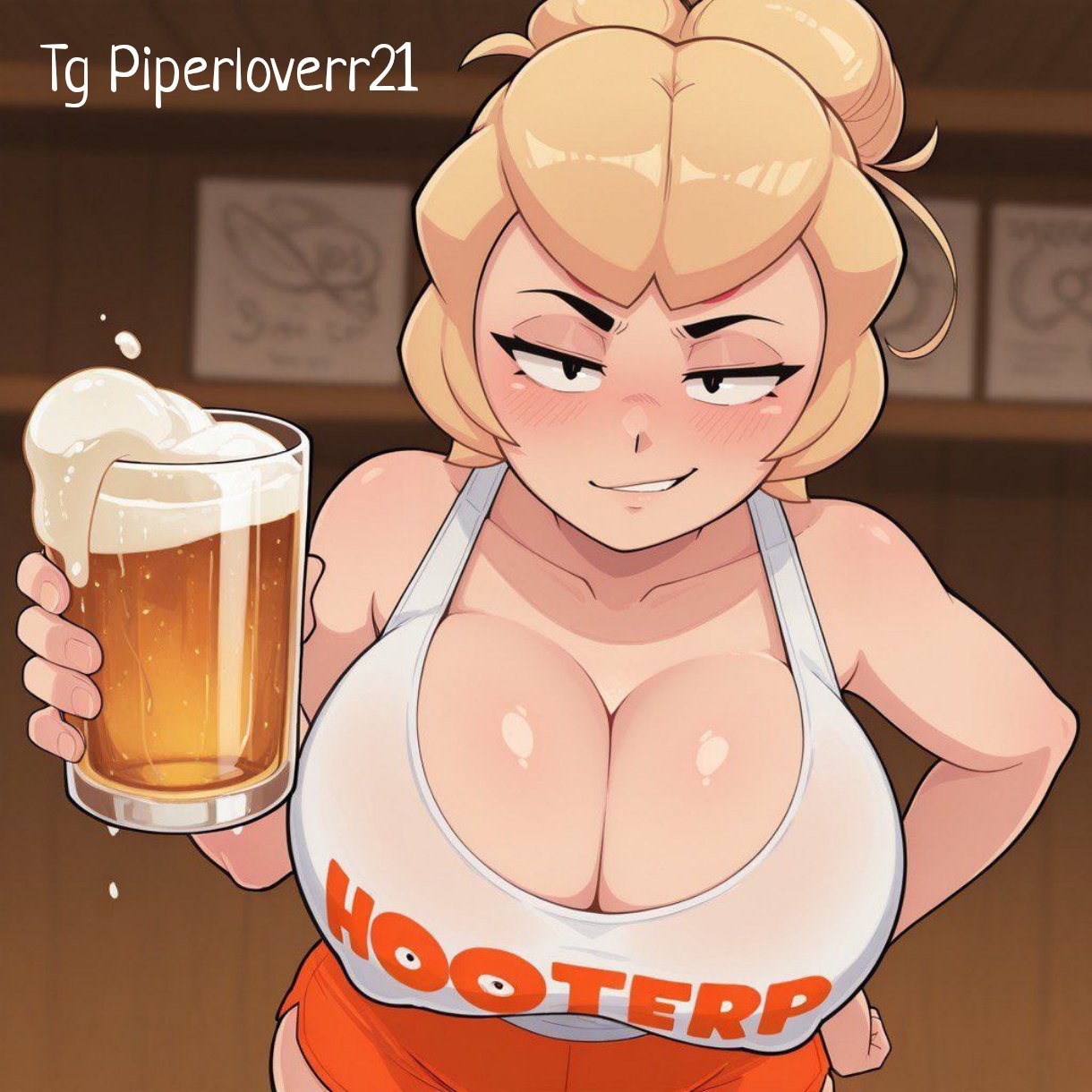 ai, ai generated, ai text, ass, beer, blonde hair, brawl stars, breasts, charlie (brawl stars), cleavage, clothed, clothed female, clothing, english text, female, female only, hips, huge breasts, human, human female, indoors, light skin, light-skinned female, looking at viewer, nipples, piperloverr21, solo, solo female, sweat