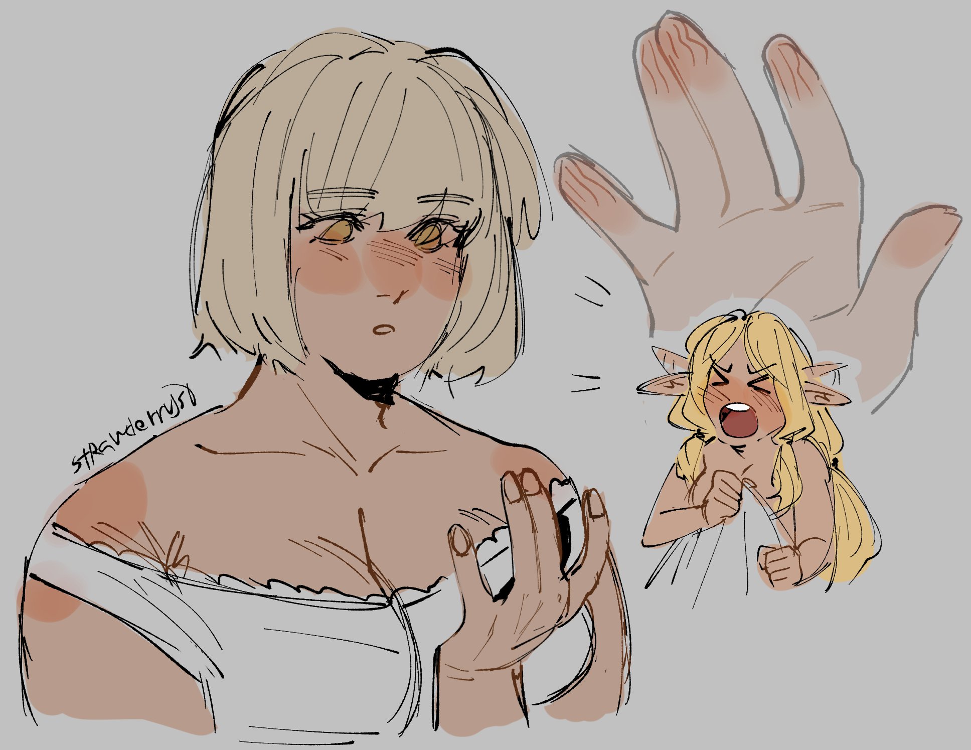 2girls, after fingering, after sex, artist name, blonde hair, blush, breasts, chibi, cleavage, closed eyes, clothed female nude female, color, completely nude, covering breasts, dungeon meshi, elf ears, elf female, embarrassed, eyebrows visible through hair, eyes visible through hair, falin touden, fanon couple, female, female only, flustered, full-face blush, grey background, half-elf, humor, implied fingering, in bed, lighting, long hair, looking at hand, marcille donato, motion lines, multiple girls, pointy ears, romantic couple, shoulder blush, strawderryst, under covers, watermark, wholesome, wrinkles, yellow eyes, yuri