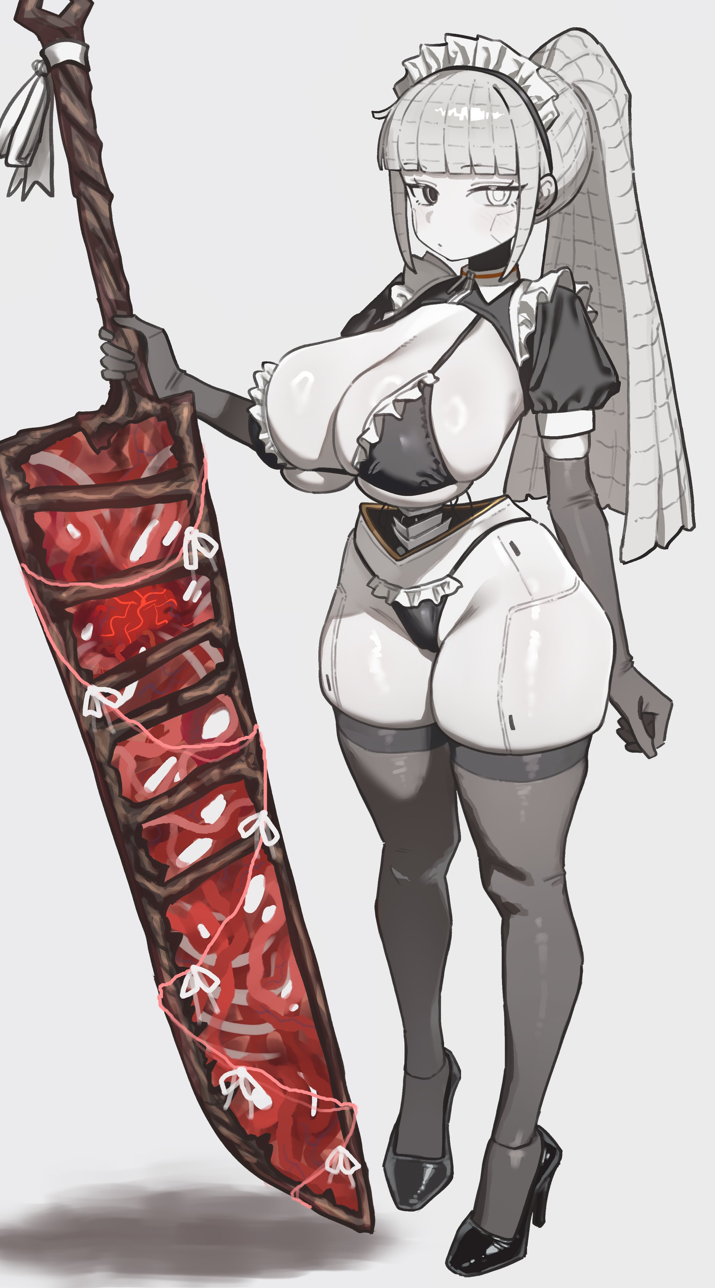 1girls, albina (limbus company), big breasts, cyborg, cyborg girl, ebora, fascia (limbus company), female focus, high heels, limbus company, looking at viewer, maid, maid bikini, maid headdress, pale skin, pale-skinned female, ponytail, project moon, skimpy, skimpy clothes, solo, solo female, thick thighs, thighhighs, white background, wide hips