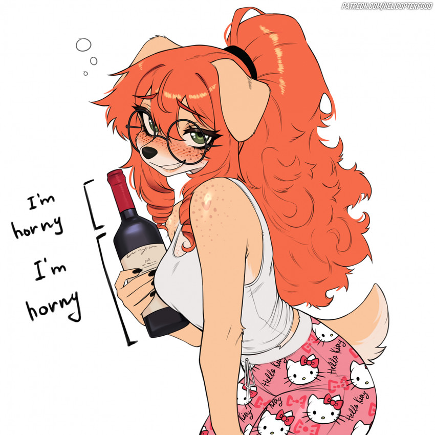 2020s, 2026, canid, canine, clothed, drunk, freckles, ginger, ginger female, ginger hair, glasses, hello kitty, intoxicated, kuru (kuru tyan), kuru tyan, meme, oc, pajama pants, pajama shirt, pajamas, scrunchie, white background, wine