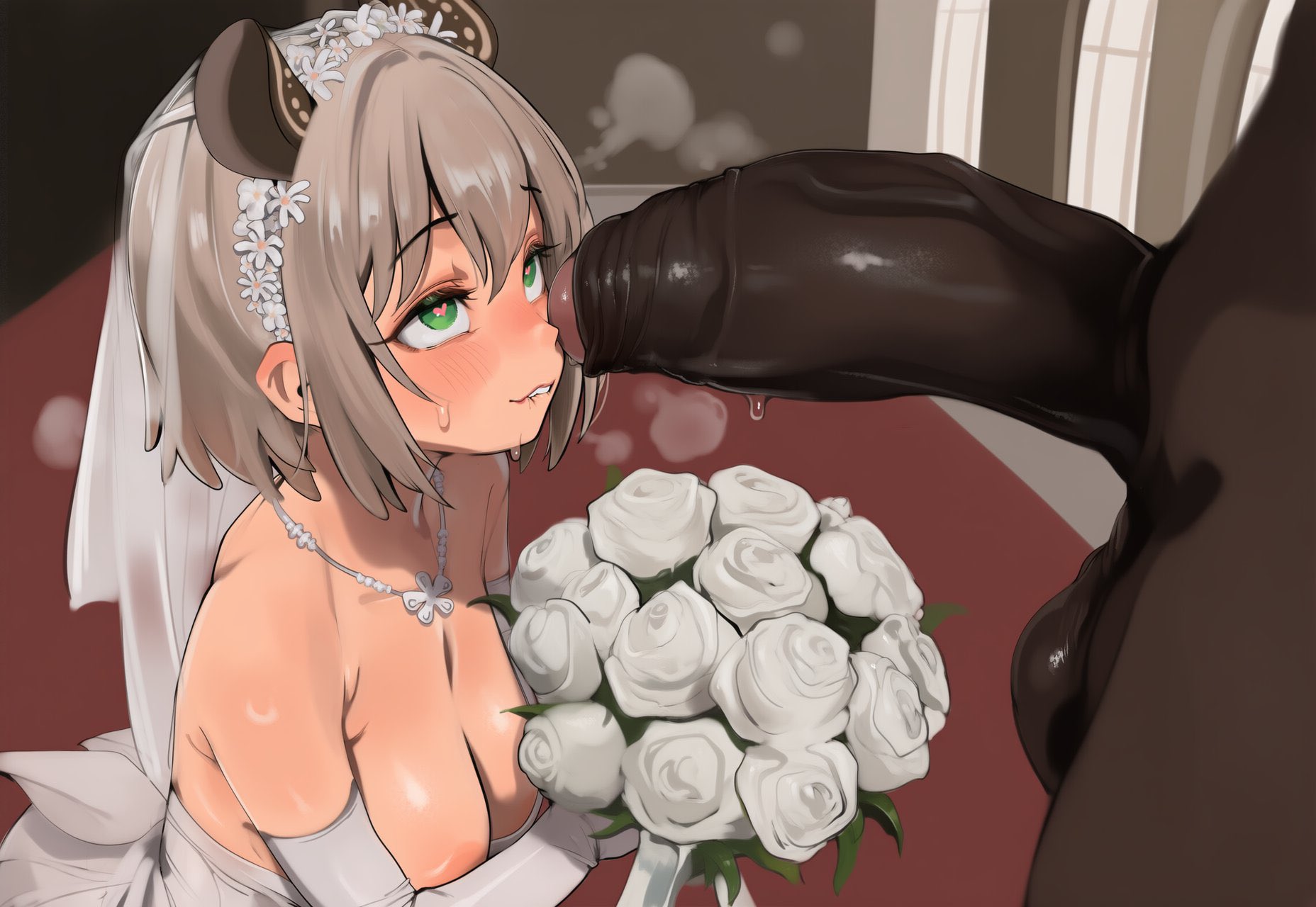 ai generated, areolae, ball, balls, biting lip, biting own lip, brattyanny, breasts, bride, cleavage, dark-skinned male, exposed breasts, female, foreskin, green eyes, groom, heart-shaped pupils, horny, imminent oral, imminent sex, indie virtual youtuber, interracial, large penis, larger male, male, male/female, married to penis, medium breasts, nimi nightmare, penis, penis awe, rose (flower), size difference, smaller female, testicles, text, uncircumcised, uncircumcised penis, virtual youtuber, wedding, wedding dress, white hair