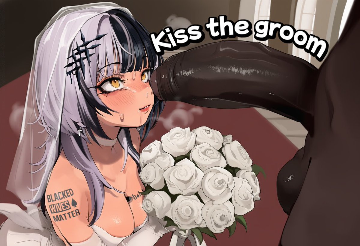 ai generated, balls, black hair, black lives matter, blacked, blacked tattoo, brattyanny, breasts, bride, cleavage, cum, cum on face, dark-skinned male, female, foreskin, groom, hololive, hololive english, hololive english -advent-, imminent oral, imminent sex, interracial, large breasts, large penis, larger male, looking at penis, male, male/female, penis, penis awe, rose (flower), ruined makeup, shiori novella, size difference, smaller female, testicles, text, two-tone hair, uncircumcised, uncircumcised penis, virtual youtuber, wedding, wedding dress, white hair, yellow eyes