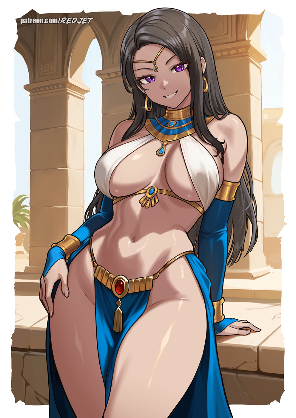 1girls, breast curtains, breasts, brown hair, collar, female, harem outfit, jewelry, loincloth, long hair, original, original character, pelvic curtain, purple eyes, redjet, smile, smiling at viewer, solo, usekh collar