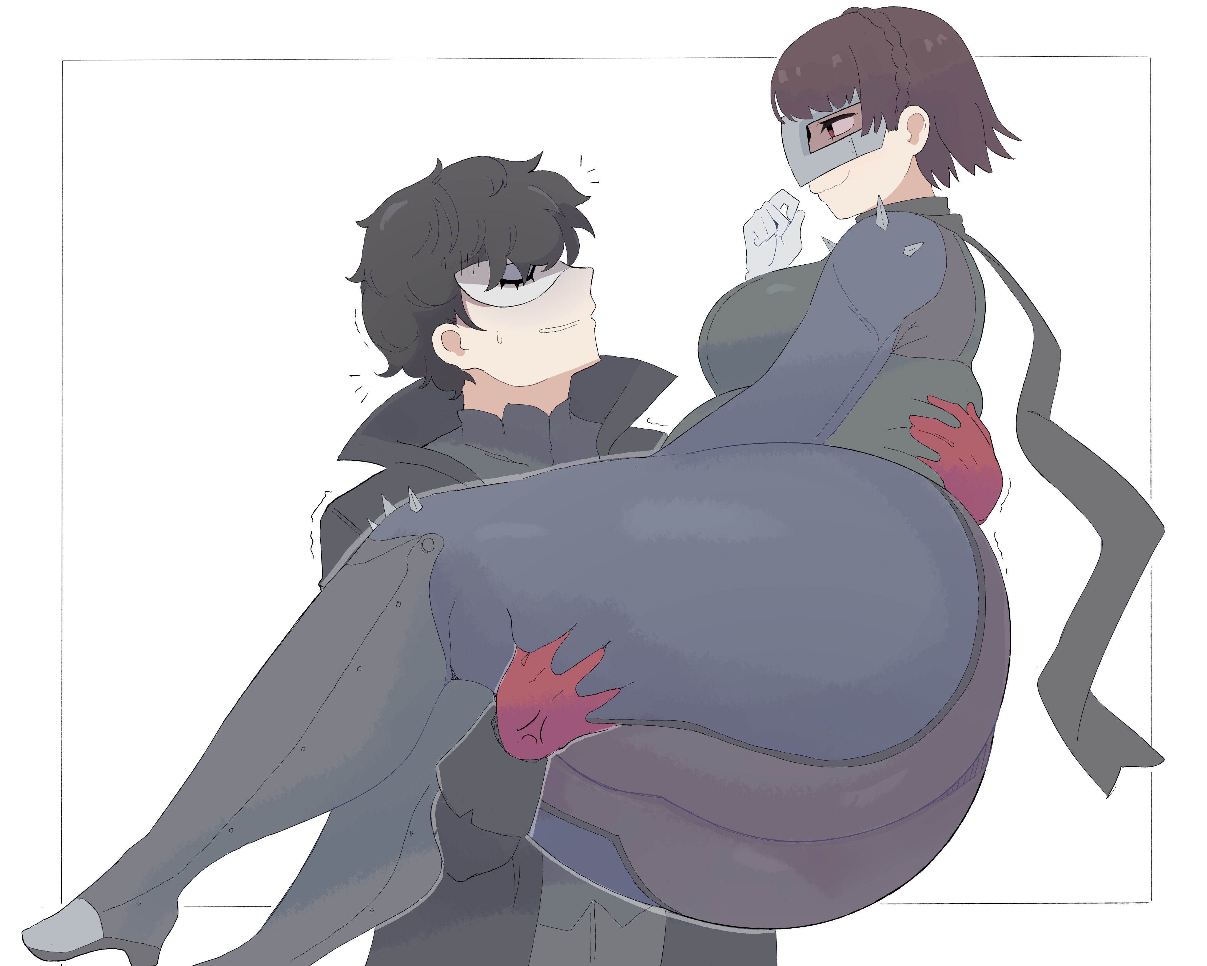 1boy, 1girls, ass, bodysuit, carrying, carrying another, carrying partner, chubby, chubby female, duo, female, gigantic ass, huge ass, human, joker (persona), makoto niijima, male, napolitane, overweight, overweight female, persona, persona 5, phantom thief suit, princess carry, weight gain