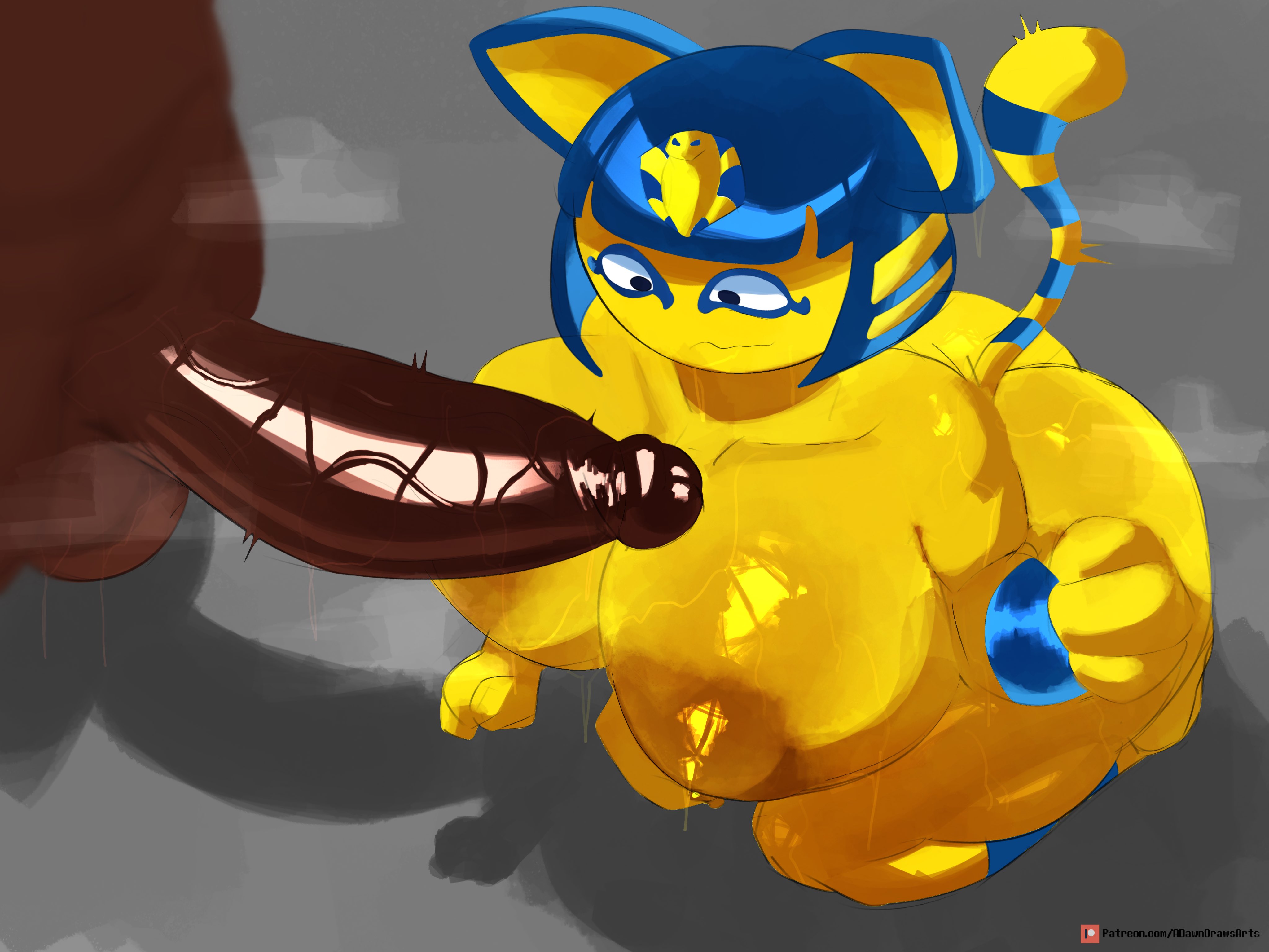 1boy, 1girls, adawndraws, animal crossing, ankha, ankha (animal crossing), anthro, big ass, big breasts, big penis, black body, black skin, blue hair, cat, cat ears, dark skin, dark-skinned male, dark-skinned penis, kneeling, looking at penis, male, nintendo, penis, sweaty, tagme, tail, yellow body
