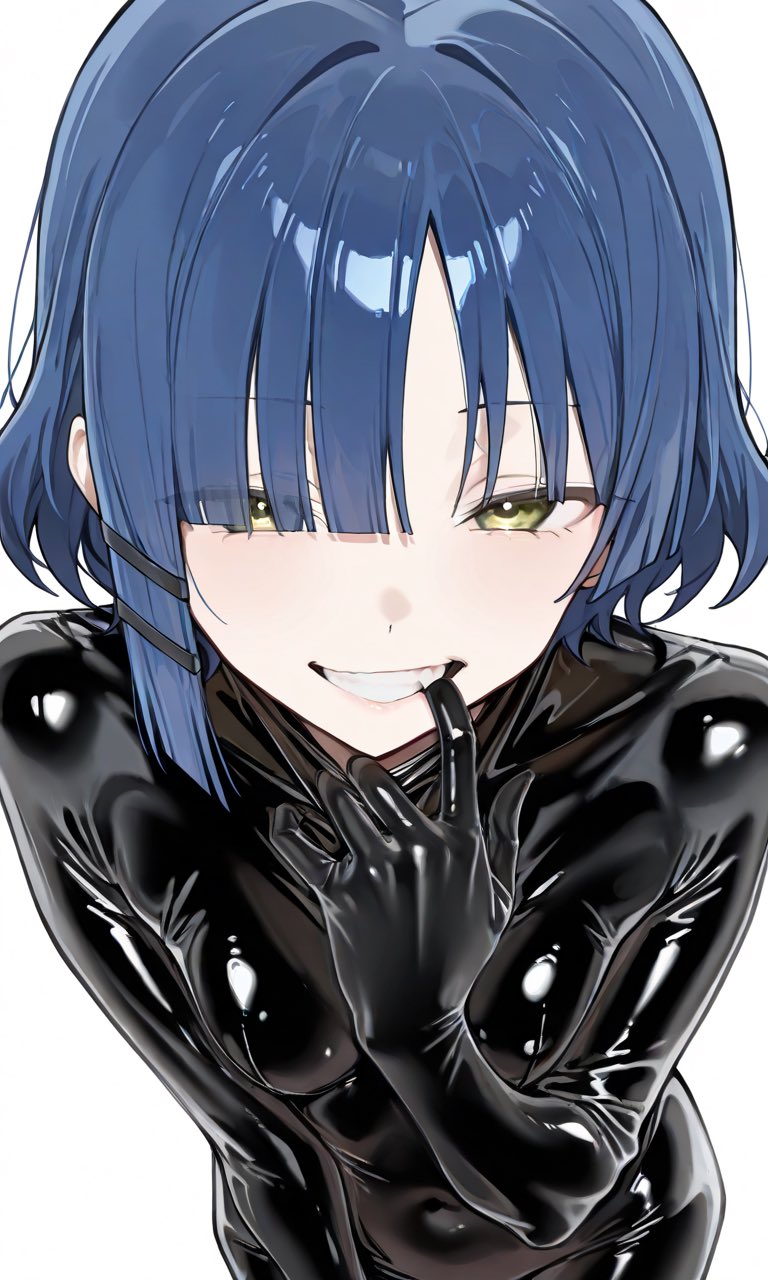 1girls, bangs, black bodysuit, blue hair, blush, bocchi the rock!, bodysuit, breasts, catsuit, cute fang, fang, female, female only, finger to mouth, gloves, hage45hage, hair ornament, hairclip, jpeg, latex, latex bodysuit, latex gloves, leaning forward, looking at viewer, mole, shiny, shiny clothes, short hair, skin tight, small breasts, smile, smiling, smiling at viewer, solo, white background, yamada ryou, yellow eyes