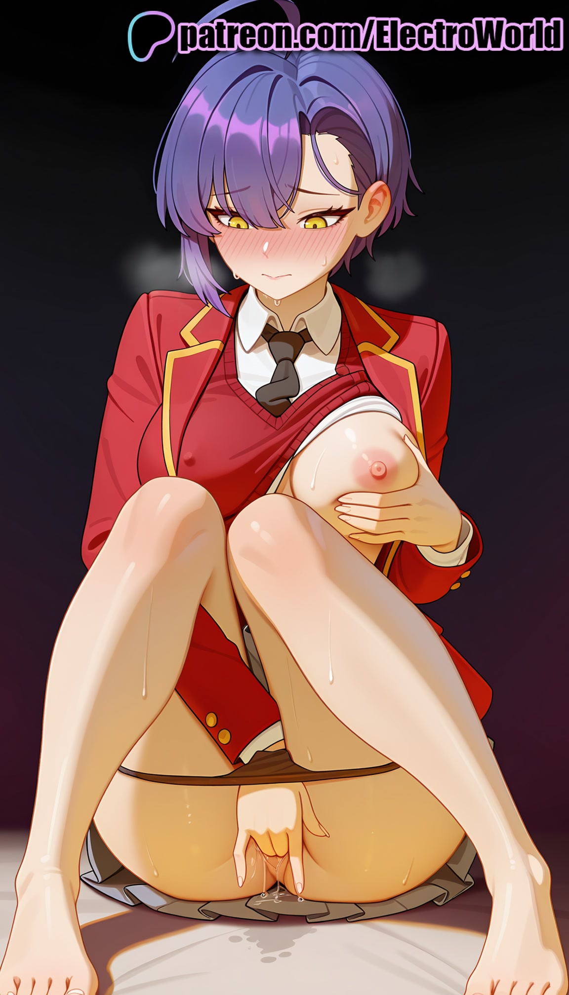 1girls, 2025, ai generated, artist name, bare legs, barefoot, blush, breasts, bust, chest, electroworld, exposed nipples, eyebrows visible through hair, feet, female, fingering, hi res, high quality, high resolution, highres, masturbation, mikadono kazuki, mikadono sanshimai wa angai choroi, necktie, nipples, nipples outside, patreon, patreon username, purple hair, pussy, pussy juice, red jacket, short hair, sitting, soles, solo, stable diffusion, sweat, toenails, toes, watermark