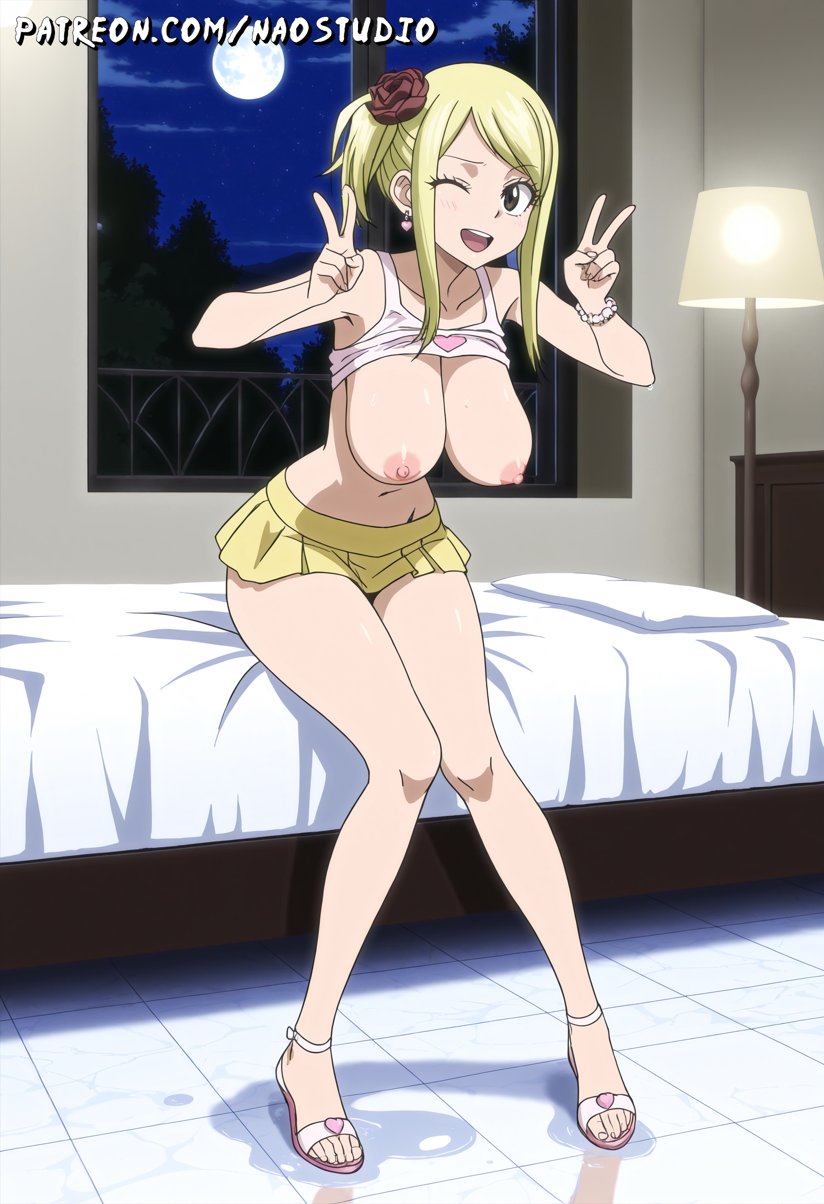 1girls, ahe gao, ai generated, anus, ass, blonde hair, blonde-haired female, blush, breasts, brown eyes, clit, clitoris, completely nude, cowboy shot, detailed anus, detailed eyes, detailed face, detailed skin, drooling, fairy tail, female, focus, from behind, full body, huge breasts, large breasts, long hair, looking at viewer, looking back, lucy heartfilia, naostudio, navel, nipples, nude, pale skin, pink nipples, ponytail, puffy nipples, pussy, shaved pussy, slim waist, solo, standing, sweat, thick thighs, tits out, tongue out, wide hips