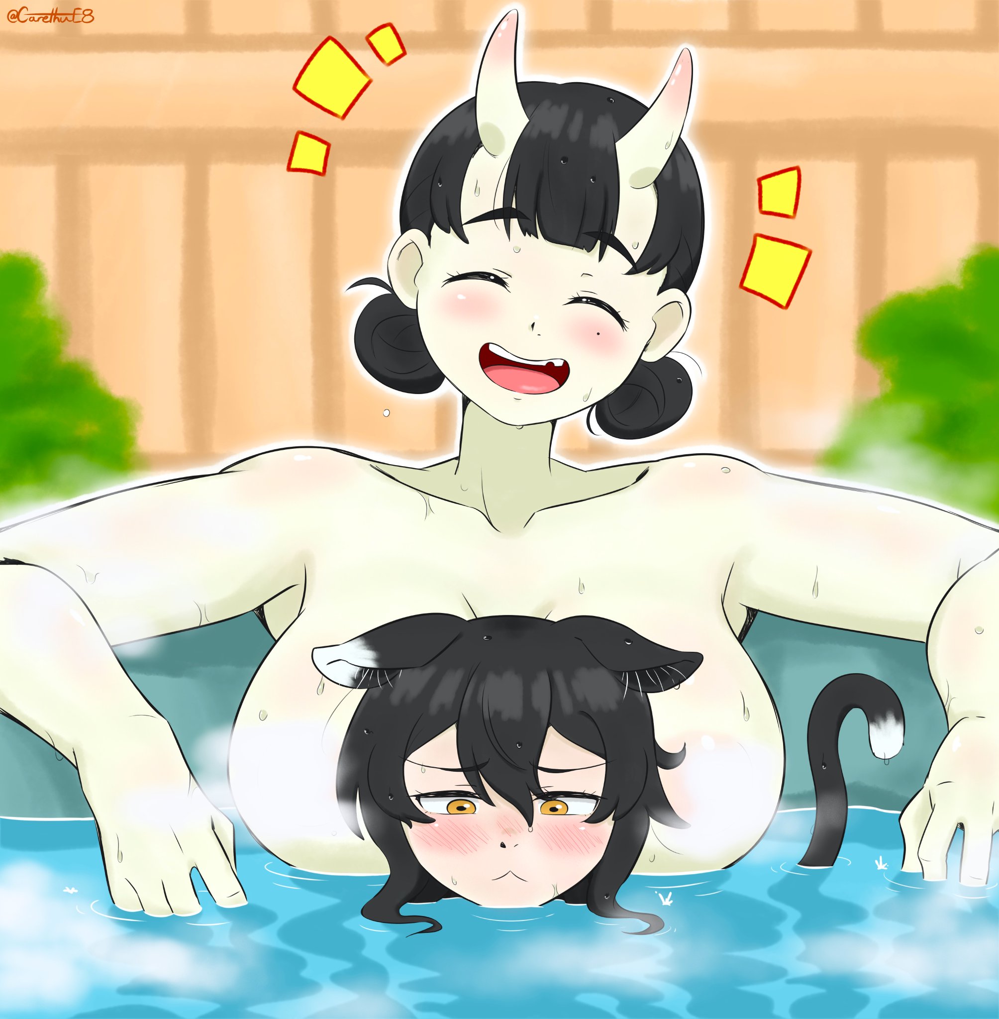 2girls, areola slip, areolae, bathing, bathing together, blush, breast squish, breasts, cat ears, cat tail, catgirl, censored, censored version, chipped tooth, closed eyes smile, convenient censoring, double bun, dungeon meshi, female, female only, floating breasts, fully nude, garethue8, half submerged, head between breasts, height difference, humanoid, inutade, izutsumi, large breasts, mole under eye, oni, onsen, open mouth, orange eyes, outside, size difference, steam, steam censor, tattoo, tied hair, water, wet body, wholesome, yuri