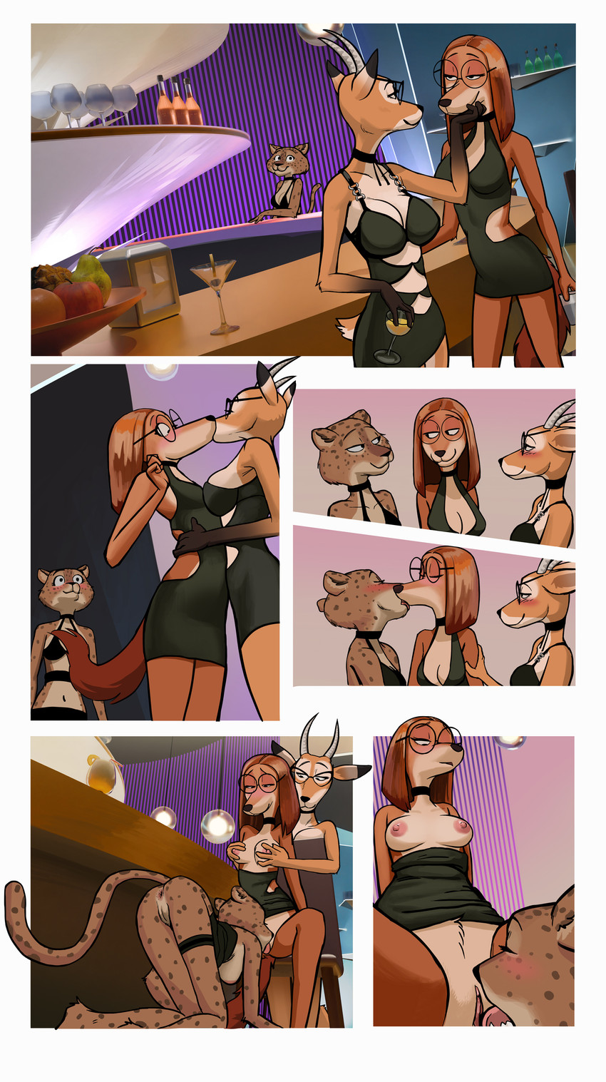 all fours, antelope, anthro, anthro on anthro, anus, areola, ass, bovid, breasts, canid, canine, canis, clothing, cunnilingus, domestic dog, felid, feline, female, female only, glasses, horn, illumination entertainment, karen (sing), kissing, nipples, pussy, sing (movie), suki lane, tagme, wolfinasuit