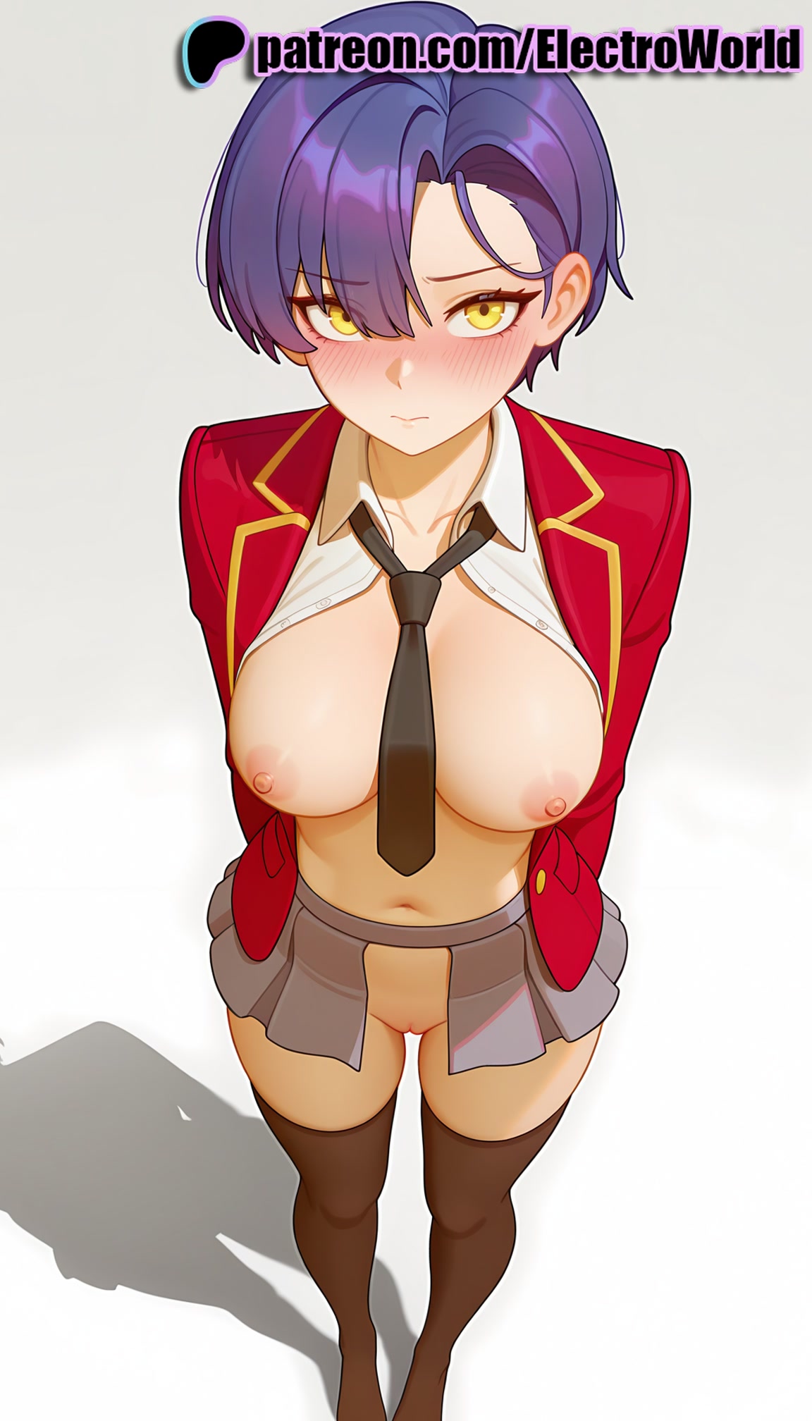 1girls, 2025, ai generated, artist name, black necktie, blush, breasts, bust, chest, electroworld, exposed nipples, female, from above, gradient, gradient background, hi res, high quality, high resolution, highres, looking at viewer, mikadono kazuki, mikadono sanshimai wa angai choroi, navel, necktie, nipples, nipples outside, patreon, patreon username, purple hair, red jacket, shadow, short hair, solo, stable diffusion, thighhighs, watermark, yellow eyes