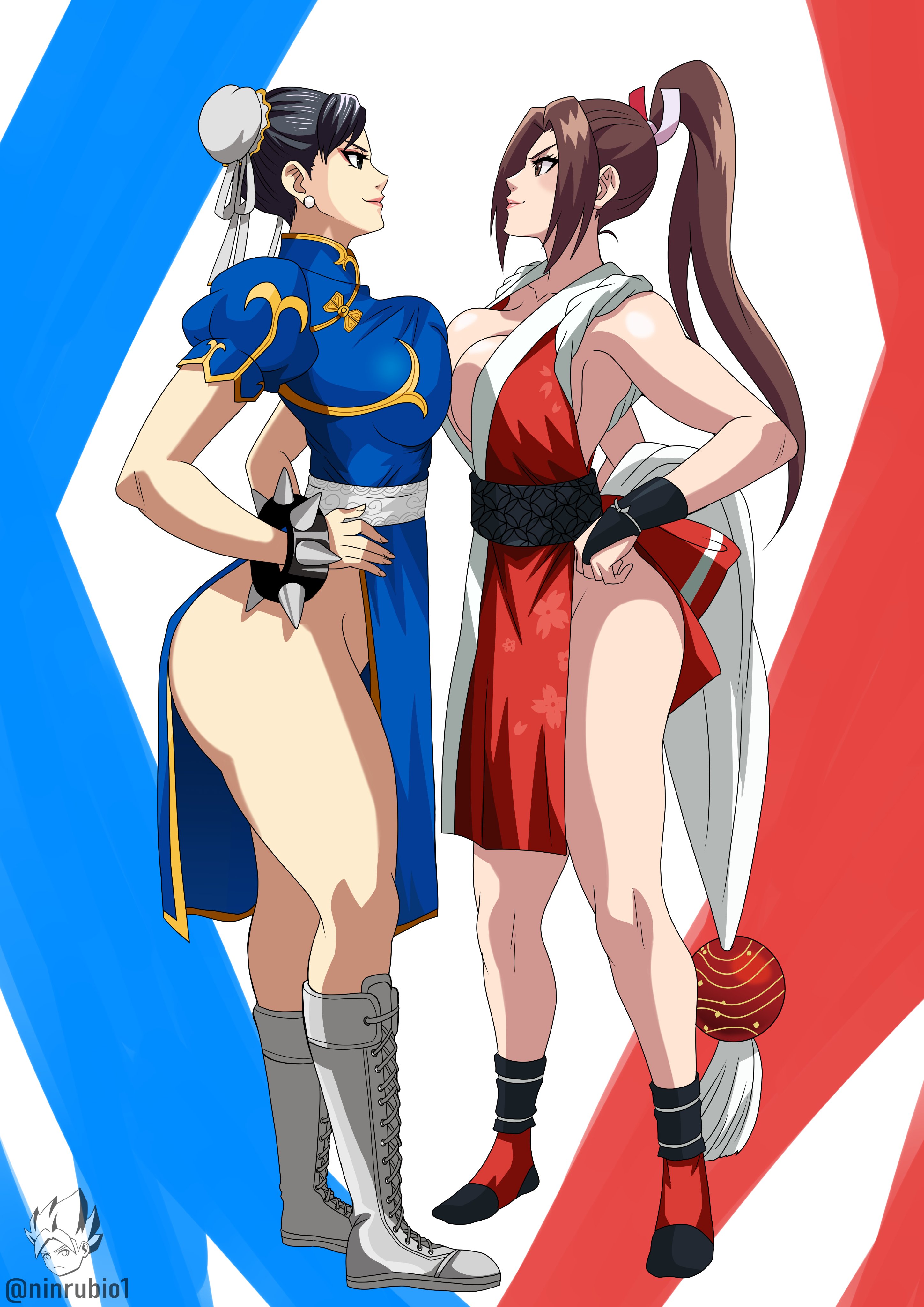 2girls, akiman pose, bottomless, bracelet, breast contest, breast press, breasts, breasts to breasts, capcom, catfight, chinese clothes, chun-li, cleavage, cropped jacket, crossover, docking, double bun, eye contact, eyeshadow, fat breasts, fatal fury, fatal fury: city of the wolves, female, female only, flat belly, full body, gloves, hair bun, hands on own hips, highres, jewelry, jiggle, king of fighters, large breasts, looking at another, mai shiranui, makeup, mature, mature female, multiple females, multiple girls, ninrubio, no panties, no panties under dress, revealing clothes, simple background, skimpy, skimpy clothes, snk, street fighter, street fighter 6, sumo wrestling, symmetrical docking, thick thighs, thighs, tight clothes, voluptuous, voluptuous body, voluptuous female