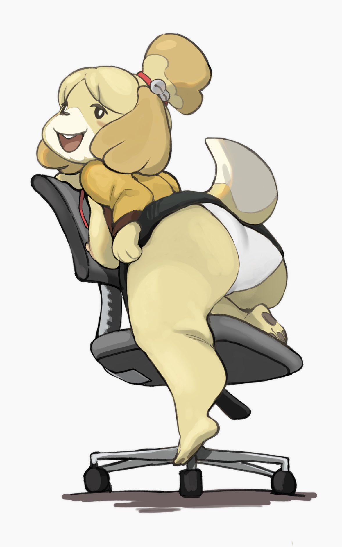 1girls, 2025, 2d, animal crossing, ass, barefoot, blouse, breasts, breasts out, canid, canine, canis, chair, chubby, chubby female, clothed, clothing, domestic dog, feet, female, female only, furry, isabelle (animal crossing), nintendo, nipples, office chair, panties, paws, plain background, solo, totonpe77, underwear, upskirt, white background, white panties, yellow fur