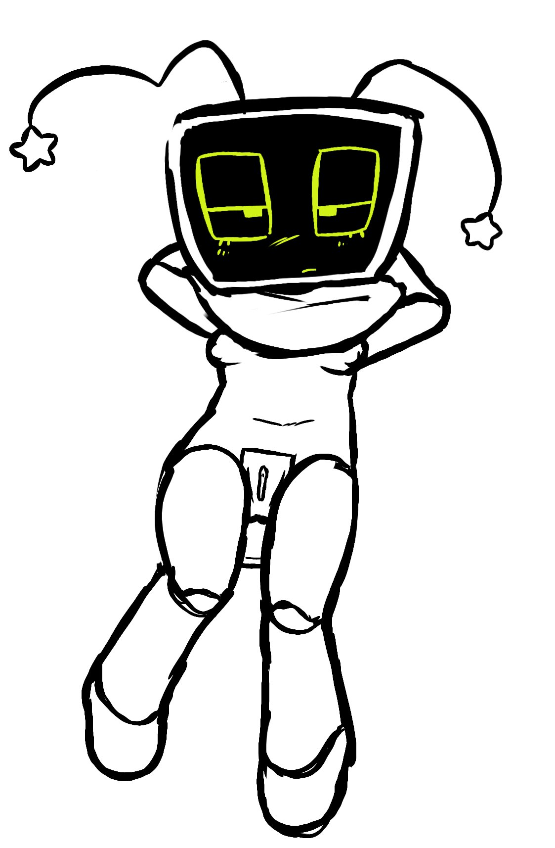 arms behind head, bored expression, breasts, dandy's world, dandys world, female, female focus, female only, on display, pussy, pussy focus, robot, robot girl, scarf, small breasts, ticklesyourfeet, tv, tv face, tv head, tv screen, vee (dandy's world)