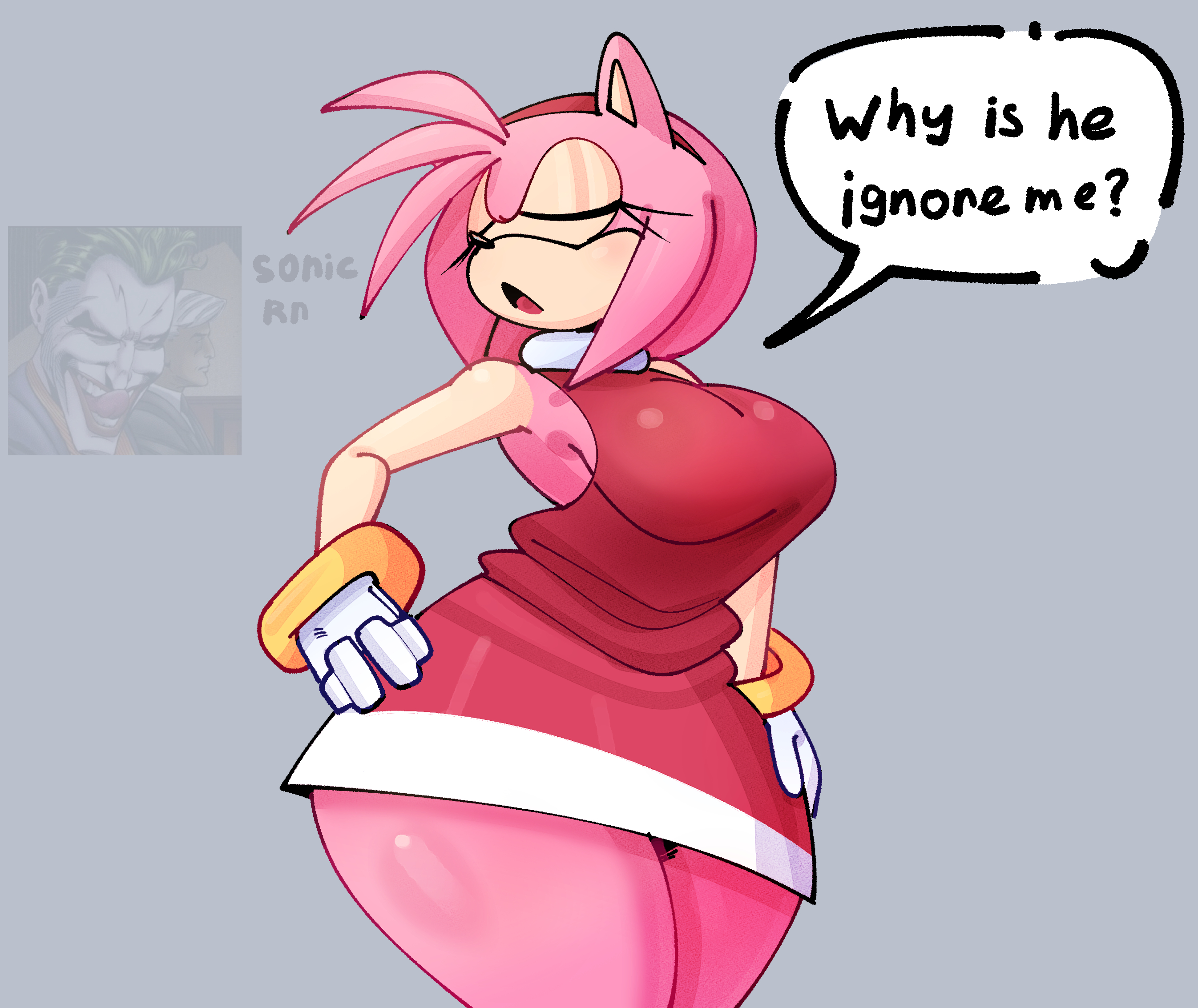 1girls, amy rose, anthro, anthro female, busty, closed eyes, clothed, clothed female, clothing, curvy, curvy figure, dialogue, dress, english dialogue, english text, eulipotyphlan, female, female focus, female only, fur, gloves, grey background, hairband, hedgehog, majora31, mammal, open mouth, pink fur, red dress, red hairband, sega, solo, solo female, sonic (series), sonic the hedgehog (series), speech bubble, text, thick, thick thighs, white gloves, wide hips