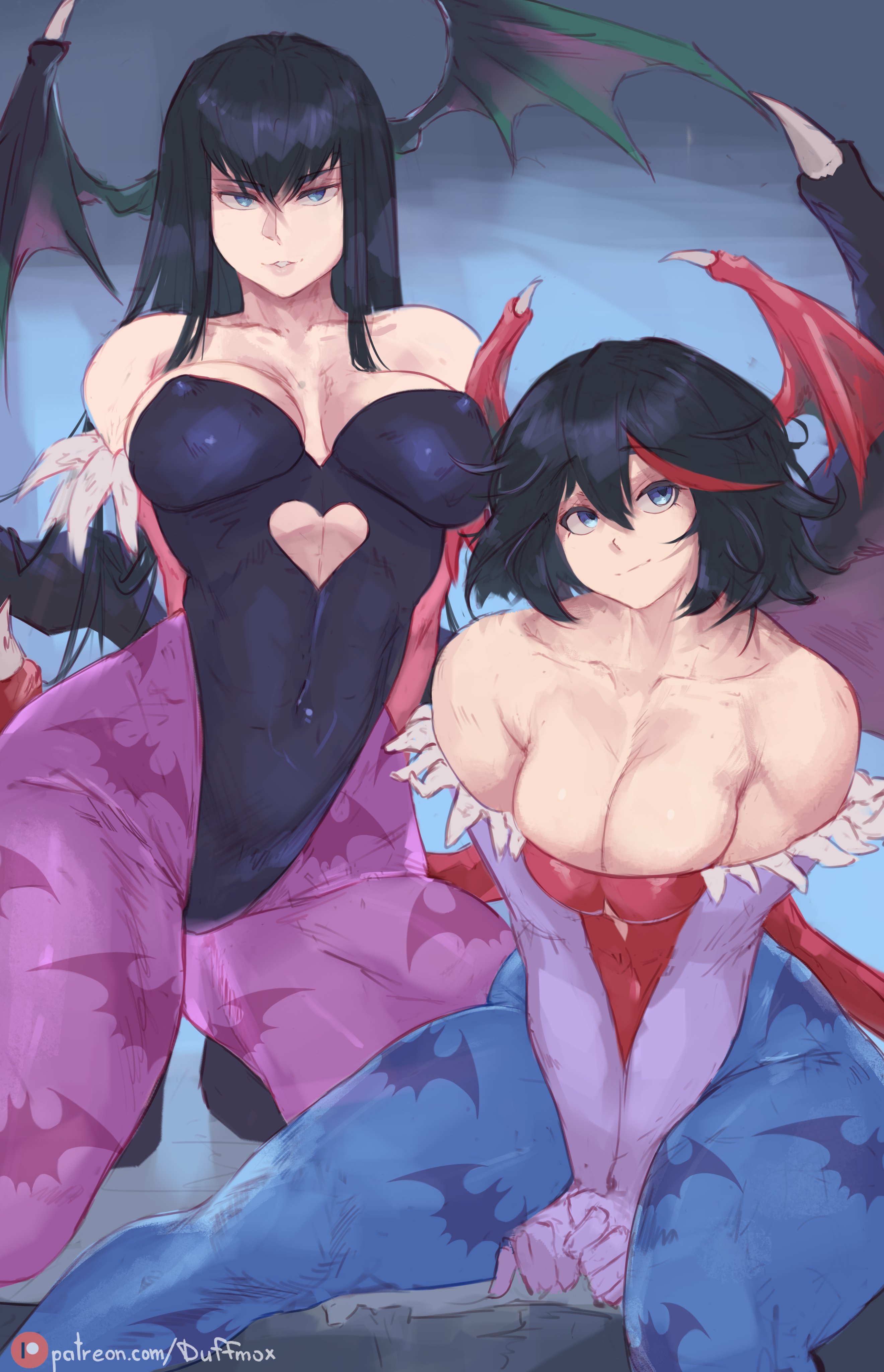 2girls, artist name, bat print, belly button, big breasts, black and red hair, black hair, black-haired female, blue eyes, breasts, clevage, cosplay, crossover, darkstalkers, duffmox, female, female only, happy, hi res, human, kill la kill, kiryuuin satsuki, kneeling, leotard, light-skinned female, lilith aensland (cosplay), long hair, looking at viewer, matoi ryuuko, membranous wings, morrigan aensland (cosplay), nipple bulge, patreon, red hair, short hair, sisters, sitting, skin tight, smile, succubus, tight clothing, toned, toned female, two-tone hair, watermark, wings