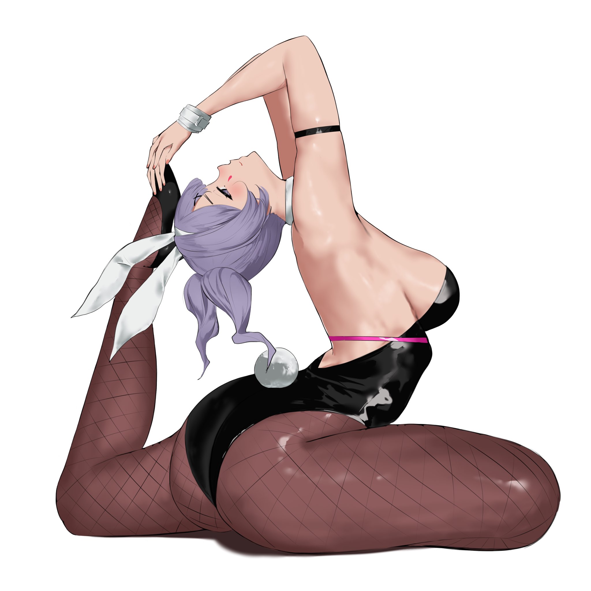 animal ears, arm strap, arms up, ass, black leotard, black shoes, blush, breasts, brown pantyhose, closed mouth, commentary, detached collar, english commentary, fake animal ears, fake tail, female, fishnet pantyhose, fishnets, flexible, from side, full body, hair ornament, hatsune miku, highres, large breasts, leg up, leotard, looking at viewer, mulhubs, pantyhose, playboy bunny, purple eyes, purple hair, rabbit ears, rabbit hole (vocaloid), rabbit tail, shoes, short hair, sideboob, simple background, sitting, smile, solo, strapless, strapless leotard, stretching, tail, teardrop facial mark, vocaloid, white background, x hair ornament