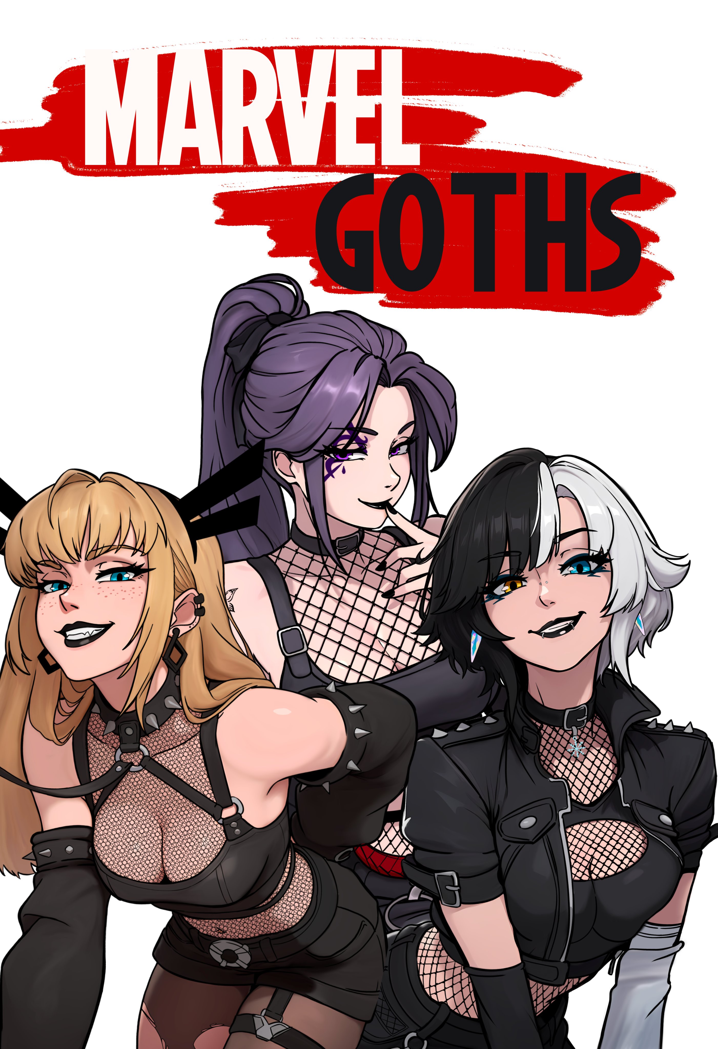 2025, 3girls, absurdres, ai generated, alternate costume, black hair, black jacket, black lips, black shorts, black sleeves, blonde hair, blue eyes, breasts, brown eyes, detached sleeves, english text, female, fishnet top, fishnets, goth fashion, hair ornament, heterochromia, highres, jacket, large breasts, long hair, looking at viewer, luna snow, luna snow (marvel rivals), magik (illyana rasputin), magik (marvel rivals), marvel, marvel comics, marvel rivals, multicolored hair, open clothes, open jacket, ponytail, psylocke, psylocke (sai), purple eyes, purple hair, redpostit, short shorts, short sleeves, shorts, split-color hair, two-tone hair, white hair, x-men