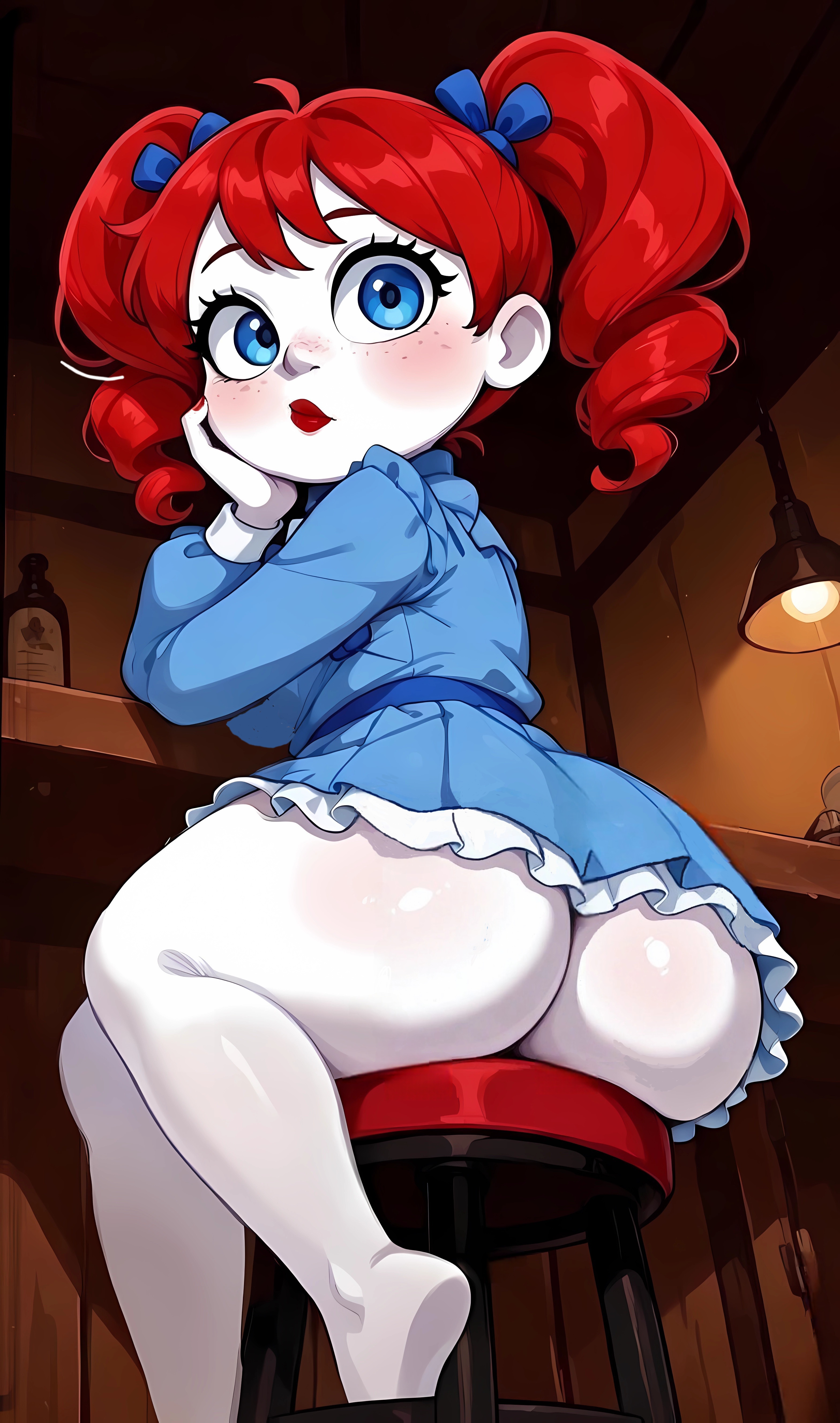 ai generated, ass, ass focus, bar, bar stool, bare legs, big ass, blue dress, blue eyes, blue ribbon, blush, bottle, bottomless, dim lighting, dress, female, female focus, freckles, frills, from behind, hair ribbon, hentaijoe, huge ass, indoors, lamp, long hair, looking at viewer, looking back, no panties, pale skin, parted lips, poppy (poppy playtime), poppy playtime, red hair, short dress, sideboob, sitting, solo, stool, thick thighs, twintails, white skin