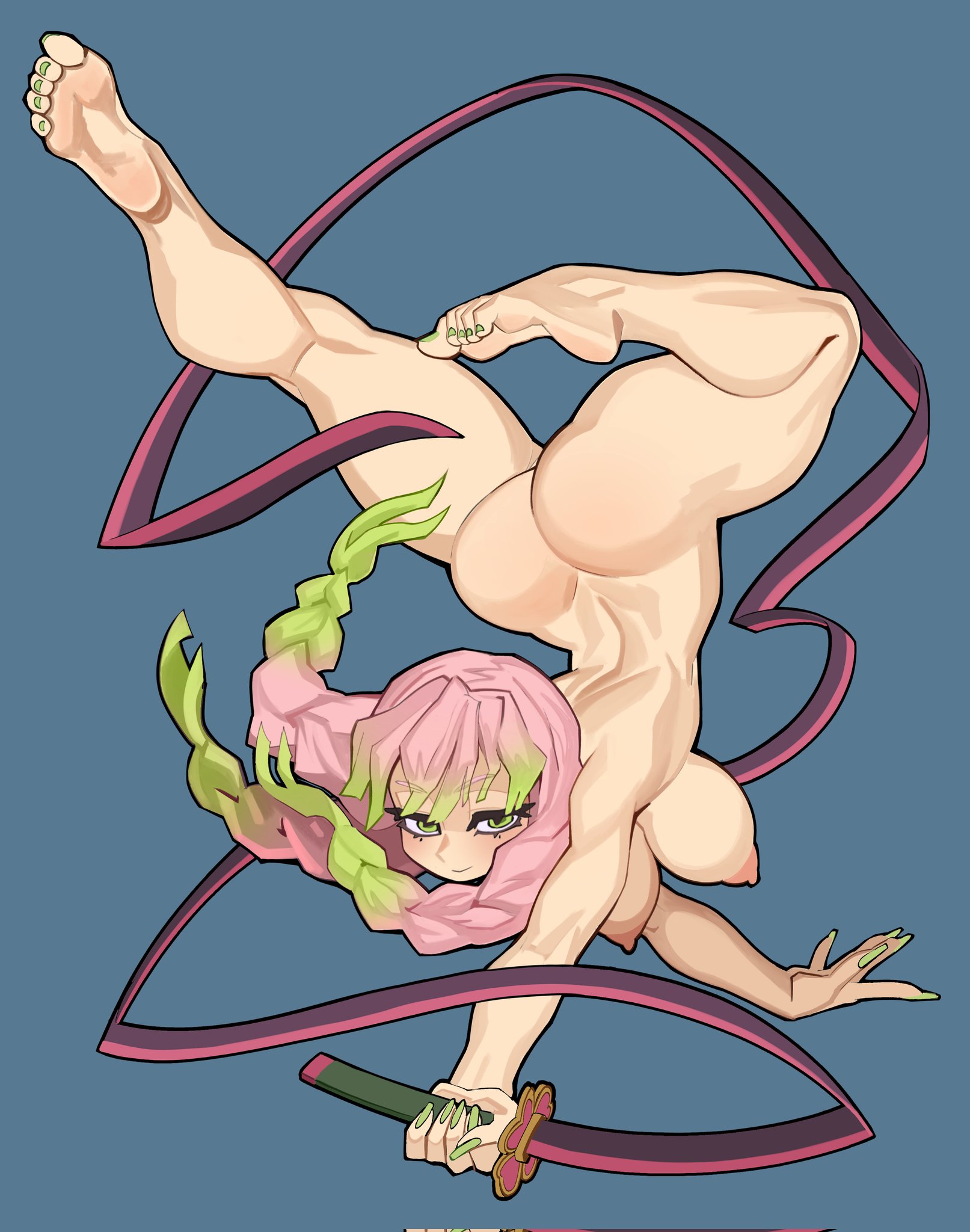 1girls, action pose, ass, barefoot, breasts, demon slayer, exnezo, feet, female, green nails, kanroji mitsuri, nude, pink hair, pink-haired female, tagme