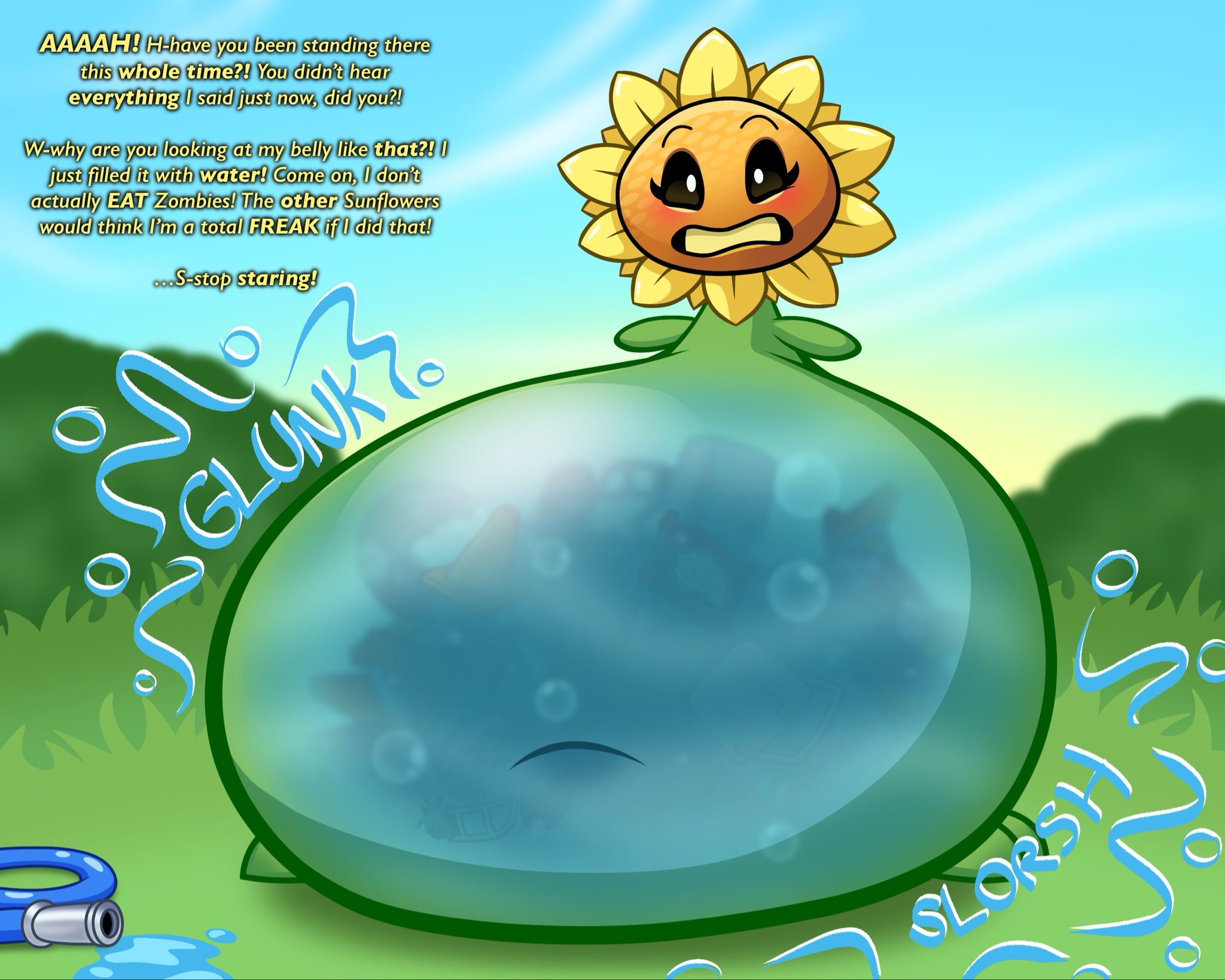 ectoplasmicresidue, english text, hyper, hyper belly, inflation, plant, plant girl, plant vore, plants vs zombies, plants vs. zombies, pvz, sunflower, sunflower (pvz), text, vore, vore belly, water inflation