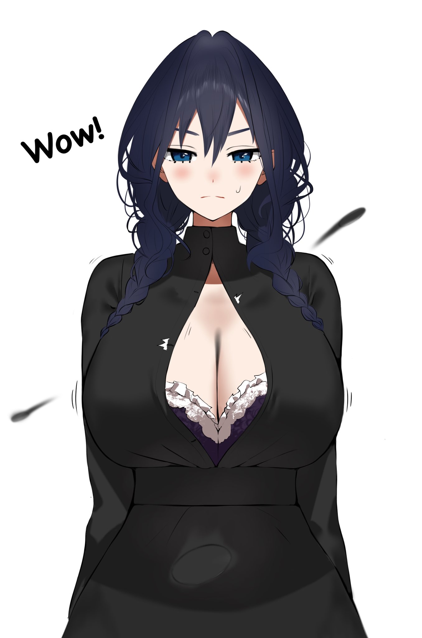 arms behind back, black bra, black dress, blue eyes, blue hair, blush, bra, braid, breasts, breasts too big, bursting breasts, button gap, cleavage, closed mouth, cowboy shot, double-parted bangs, dress, female, flying button, frilled bra, frills, hair between eyes, hashtag-only commentary, highres, hololive, hololive english, hololive english -council-, hololive english -promise-, huge breasts, inconvenient breasts, long hair, looking at viewer, mulhubs, official alternate costume, official alternate hairstyle, ouro kronii, ouro kronii (maid), partially unbuttoned, popped button, simple background, small sweatdrop, solo, straight-on, turtleneck, turtleneck dress, twin braids, underwear, virtual youtuber, wardrobe malfunction, white background