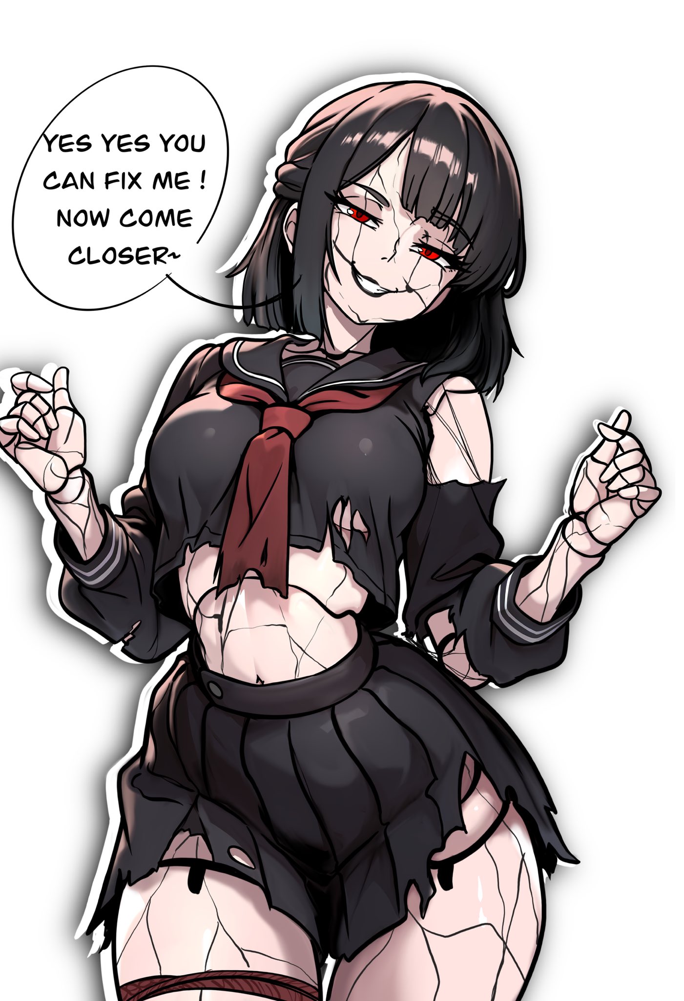 ai generated, ayakakashi, back hair, black serafuku, black shirt, black skirt, breasts, commentary, cracked skin, cropped shirt, doll joints, english commentary, english text, female, grin, half-closed eyes, hands up, highres, joints, large breasts, long sleeves, looking at viewer, medium hair, midriff, navel, neckerchief, pleated skirt, raised eyebrow, red eyes, red neckerchief, redpostit, school uniform, serafuku, shirt, silent hill, silent hill f, simple background, skirt, smile, solo, speech bubble, thigh strap, thighs, torn clothes, torn shirt, torn skirt, underboob, white background