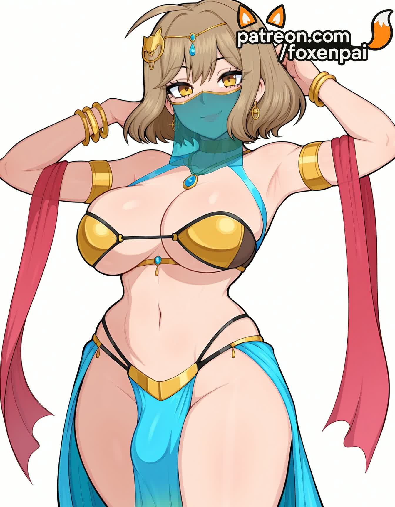 1futa, 2025, ahoge, ai generated, anis (nikke), armlet, armpits, artist name, big breasts, big chest, bracelet, breasts, brown hair, bulge, bust, busty, chest, cosplay, dancer, earrings, foxenpai, futanari, goddess of victory: nikke, hi res, high quality, high resolution, highres, intersex, jewelry, large breasts, mouth veil, navel, patreon, patreon username, pelvic curtain, short hair, smile, solo, stable diffusion, veil, watermark