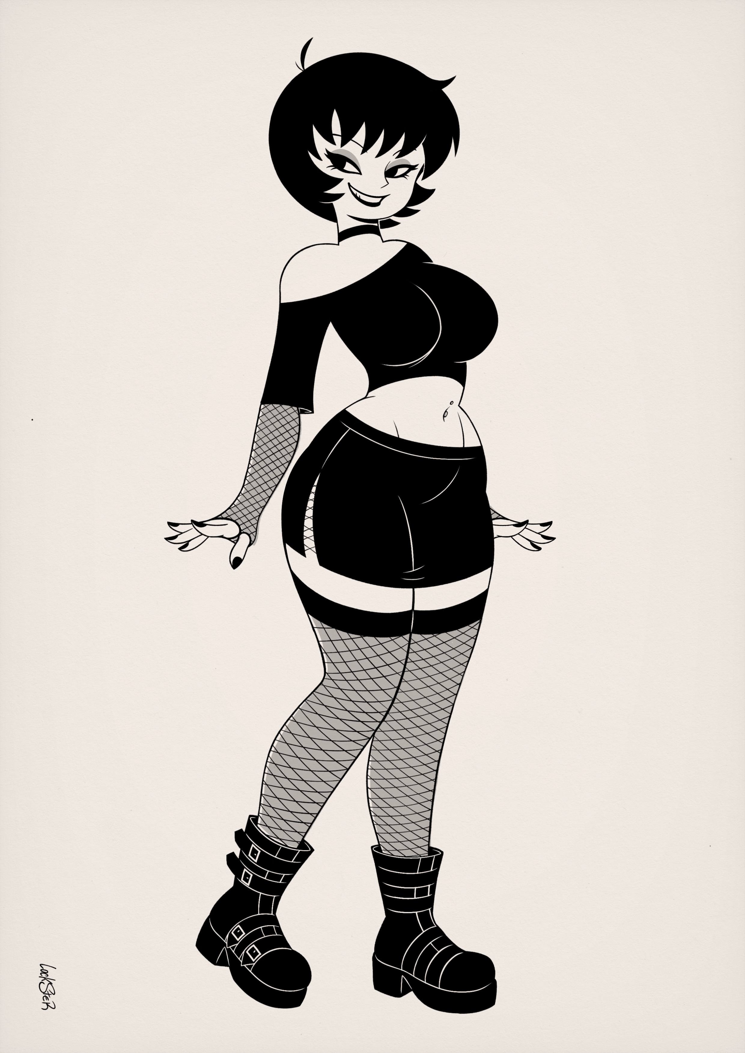 1girls, 2025, big breasts, black clothing, breasts, clothed, clothed female, curvy, cute, female, female focus, female only, goth, goth girl, hungarian, hungarian girl, jucika, jucika (comic), light skin, light-skinned female, lockster2c02, midriff, midriff baring shirt, short hair, short hair female, smile, smiling, solo, solo female, tummy