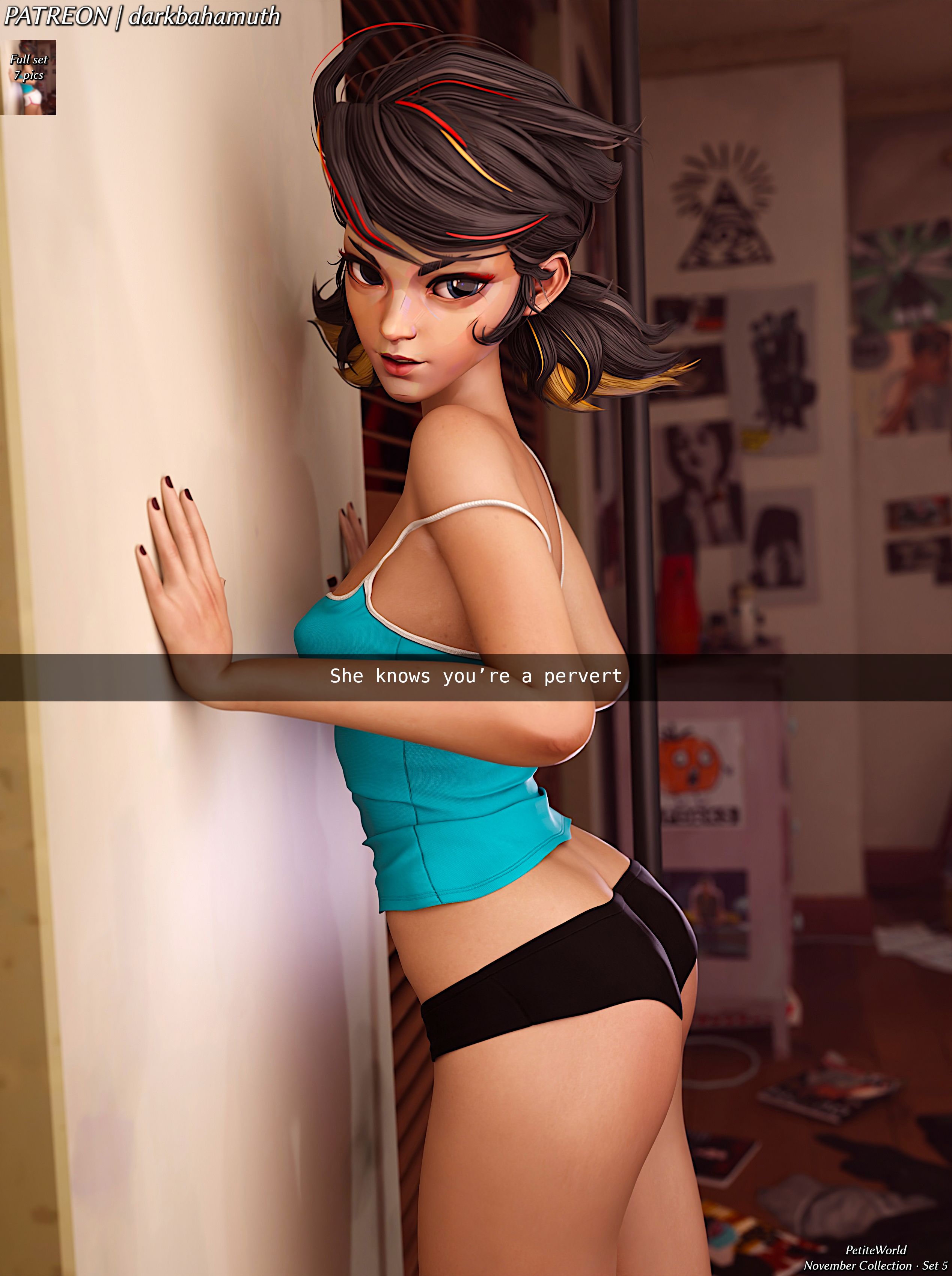3d, 3d (artwork), ass, booty, booty shorts, crop top, darkbahamuth, female, marvel, marvel rivals, panties, peni parker, peni parker (marvel rivals), petite, petite body, petite female, pinup, shorts, snapchat, teenage girl, teenager, text, young