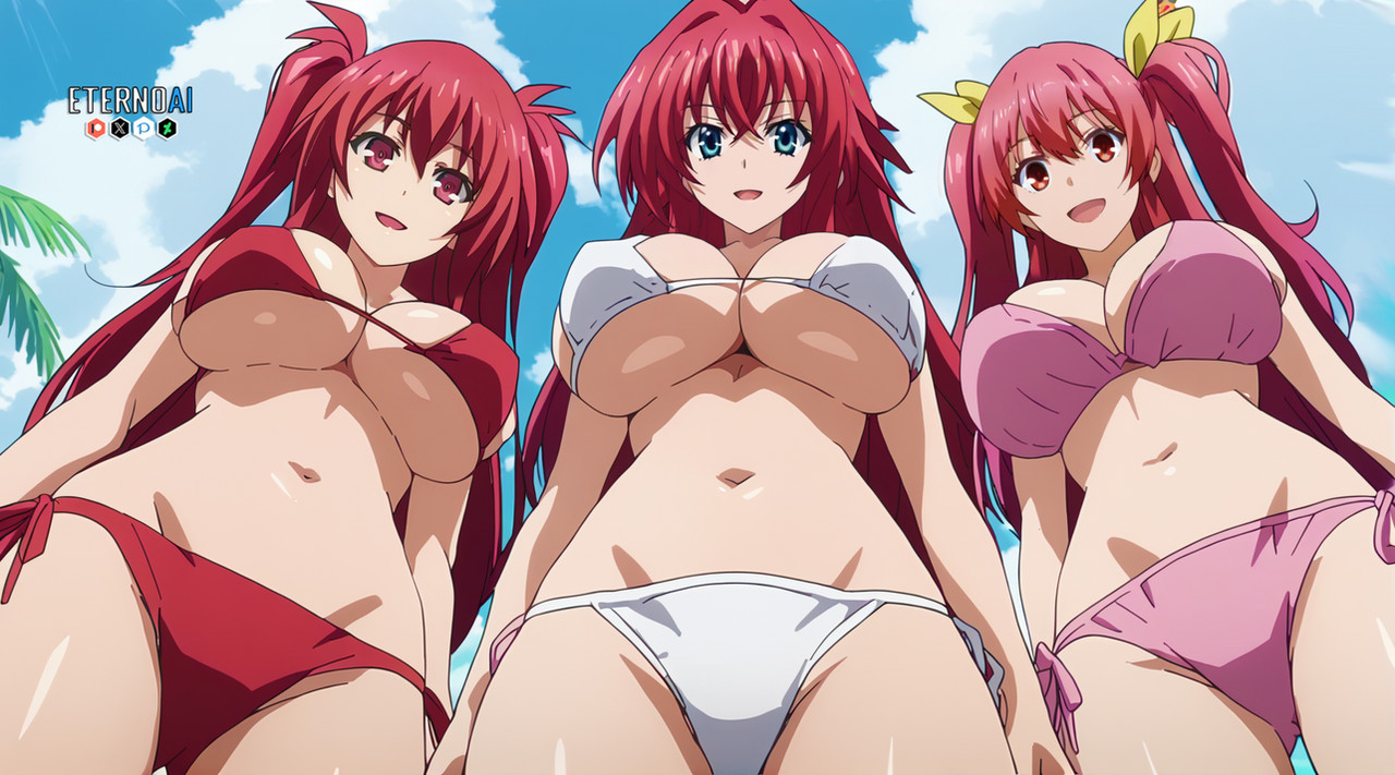 3girls, ahoge, ai generated, ass visible through thighs, bangs, beach, big breasts, bikini, blue eyes, blue sky, blush, breasts, cleavage, cloud, collarbone, color connection, company connection, crossover, day, eternoai, female, female only, from below, hair between eyes, hair color connection, hair intakes, hair ornament, hair ribbon, high school dxd, huge breasts, large breasts, light-skinned female, long hair, looking at viewer, model request, multiple females, multiple girls, naruse mio, navel, open mouth, outdoors, pink bikini, rakudai kishi no cavalry, red bikini, red eyes, red hair, rias gremory, ribbon, shinmai maou no testament, side-tie bikini bottom, side-tie swimsuit, sky, smile, stella vermillion, stomach, swimsuit, thighs, trait connection, tree, twintails, two side up, underboob, very long hair, white bikini, yellow ribbon