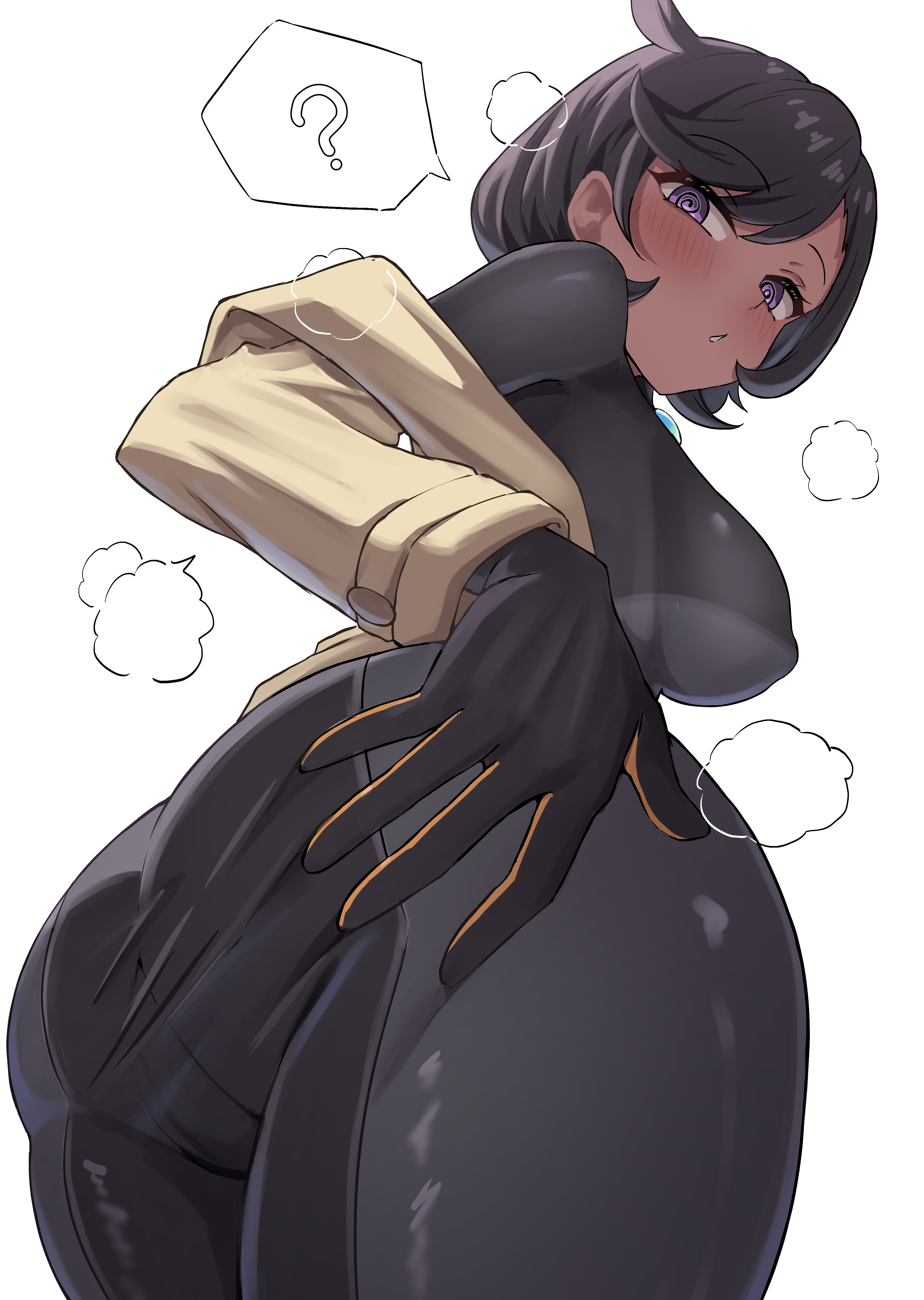 1girls, absurdres, ass, ass focus, black bodysuit, black gloves, black hair, blush, bodysuit, brown coat, brown jacket, cameltoe, coat, commentary, dark skin, dark-skinned female, emma (pokemon legends: z-a), emma (pokemon), english commentary, female, from behind, game freak, gloves, hashira 14, highres, impossible bodysuit, impossible clothes, jacket, latex, latex bodysuit, leaning forward, long sleeves, looking at viewer, looking back, matiere (pokemon legends: z-a), matiere (pokemon), nintendo, parted lips, pokemon, pokemon legends: z-a, purple eyes, shadow, short hair, simple background, solo, speech bubble, spread ass, steam, white background
