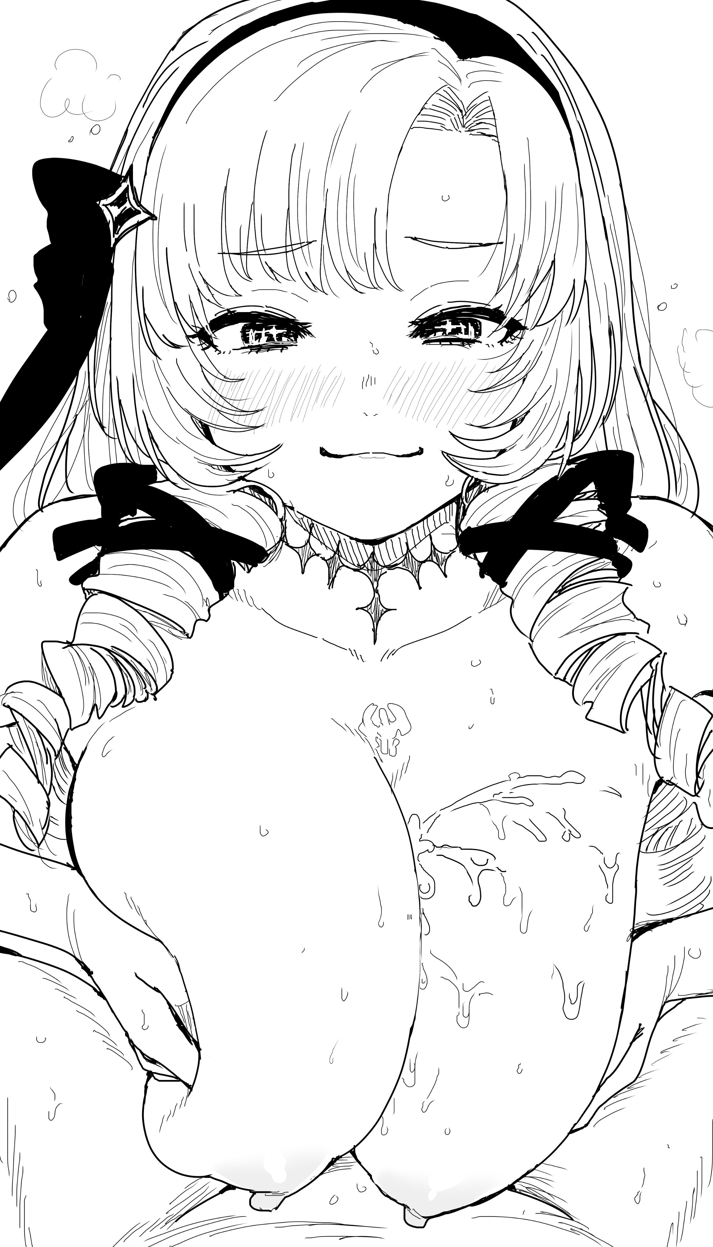 1boy, 1girls, alternate breast size, alternate version available, asian, asian female, big breasts, blush, braided hair, breast hold, breast squish, breasts, ejaculation, engulfing paizuri, female, happy, happy paizuri, happy sex, huge breasts, hyakumantenbara salome, kaiman garupan, large breasts, looking at viewer, male, monochrome, nijisanji, nipples, nude, nude female, paizuri, paizuri lead by female, paizuri on lap, pov, pov eye contact, pov paizuri, projectile cum, smile, straight, sweat, tip peeking, virtual youtuber