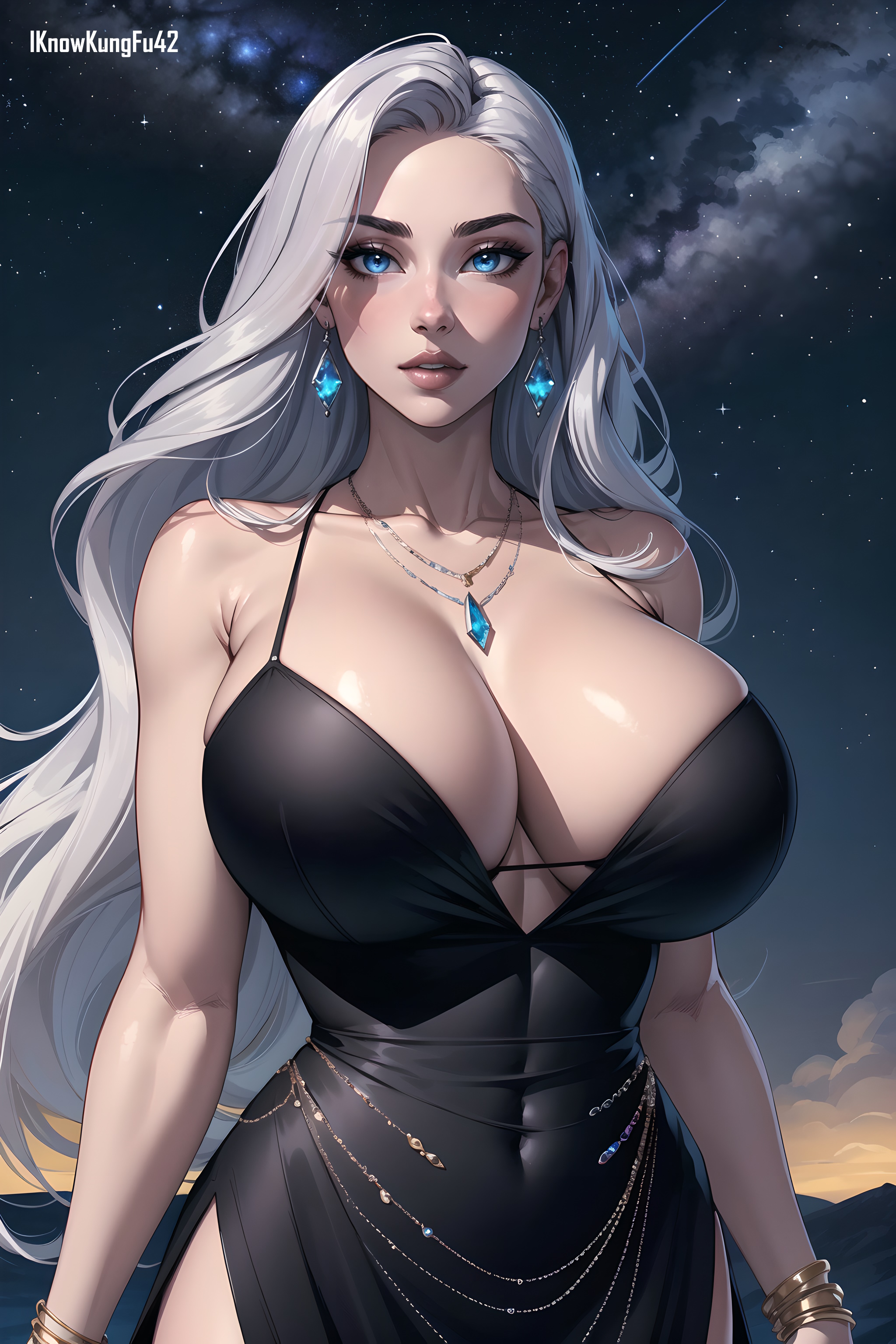 1girls, ai generated, artist name, bare shoulders, big breasts, big lips, black clothing, black dress, blue eyes, breasts, busty, cleavage, clothed, clothing, detailed background, dress, earrings, eyelashes, female, female human, female only, hi res, high resolution, highres, hourglass figure, huge breasts, human, iknowkungfu42, jewelry, large breasts, light skin, light-skinned female, lips, long hair, looking at viewer, necklace, night, original, original character, parted lips, silver hair, sky, solo, thick lips, white hair