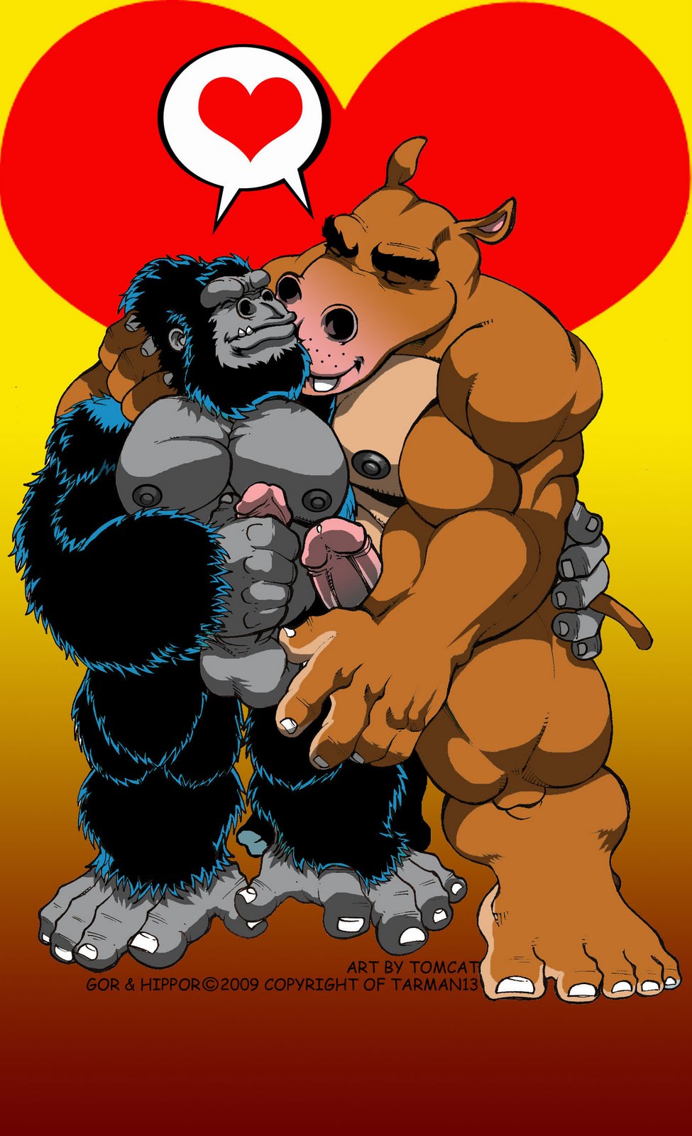 2009 anthro ape balls black_body black_fur brown_body brown_skin common_hippopotamus cuddling duo erection fur genitals glans gor_(tomcat) gorilla grey_balls grey_body grey_nipples grey_skin haplorhine heart hi_res hippopotamid hippor_(tomcat) humanoid_genitalia humanoid_penis male male/male mammal masturbation muscular muscular_anthro muscular_male nipples nude penile penile_masturbation penis pink_glans primate romantic romantic_couple tomcat_(artist)