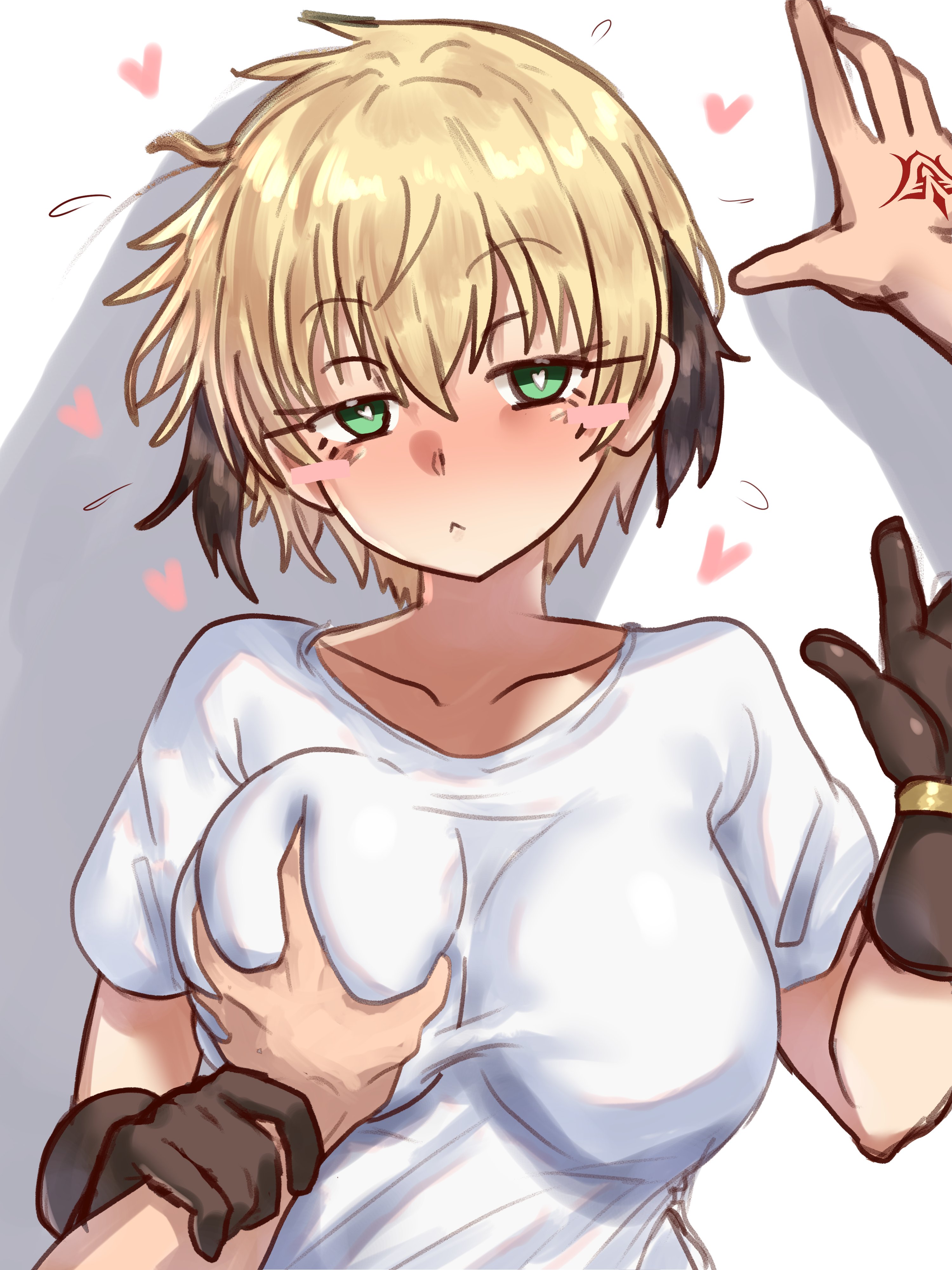 1boy, 1girls, blonde hair, breasts, ebora, fate (series), fate/grand order, female, fujimaru ritsuka (male), gareth (fate), green eyes, hi res, large breasts, light skin, light-skinned female, lying on back, male, male pov, pov, short hair, youngmanisdown