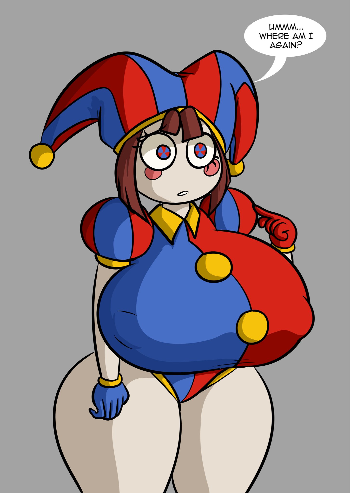 1girls, 2023, big thighs, breasts, brown hair, english text, female, gigantic breasts, gigantic thighs, glitch productions, gloves, gooseworx, huge breasts, huge thighs, jester, jester costume, jester girl, jester hat, jester outfit, massive breasts, max1mus, pomni, pomni (the amazing digital circus), short hair, tagme, text, text bubble, the amazing digital circus, thick hips, thick thighs, unitard, white body