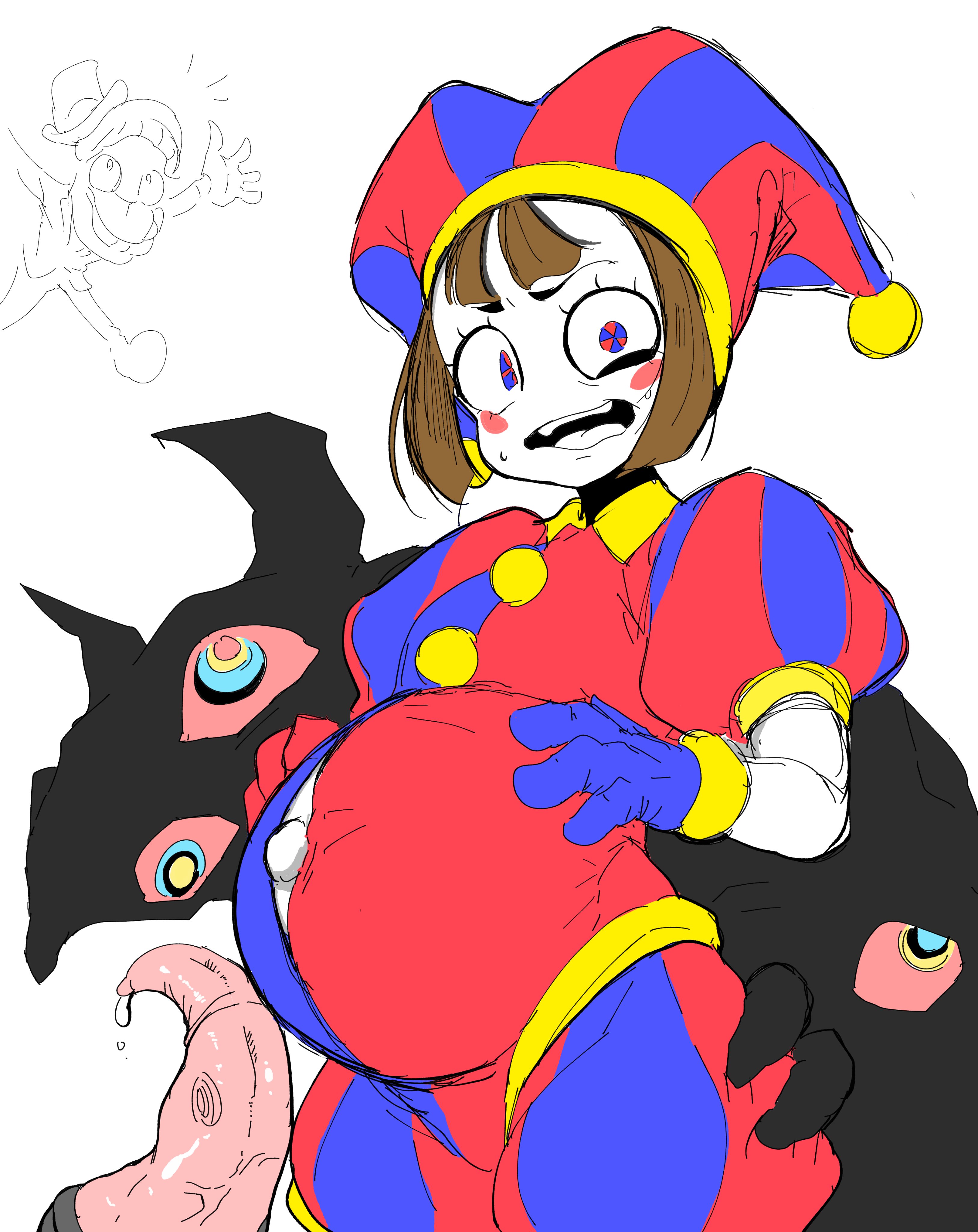 artist request, brown hair, cum, female, glitch productions, gloves, grabbing ass, hands on belly, humanoid, humanoid female, interspecies, interspecies pregnancy, jester, jester costume, jester hat, jester outfit, kaufmo (abstracted), looking at viewer, monster, pomni (the amazing digital circus), precum, pregnant, short hair, sweat, sweatdrop, sweating, tagme, tentacle, the amazing digital circus, unbuttoned, white body
