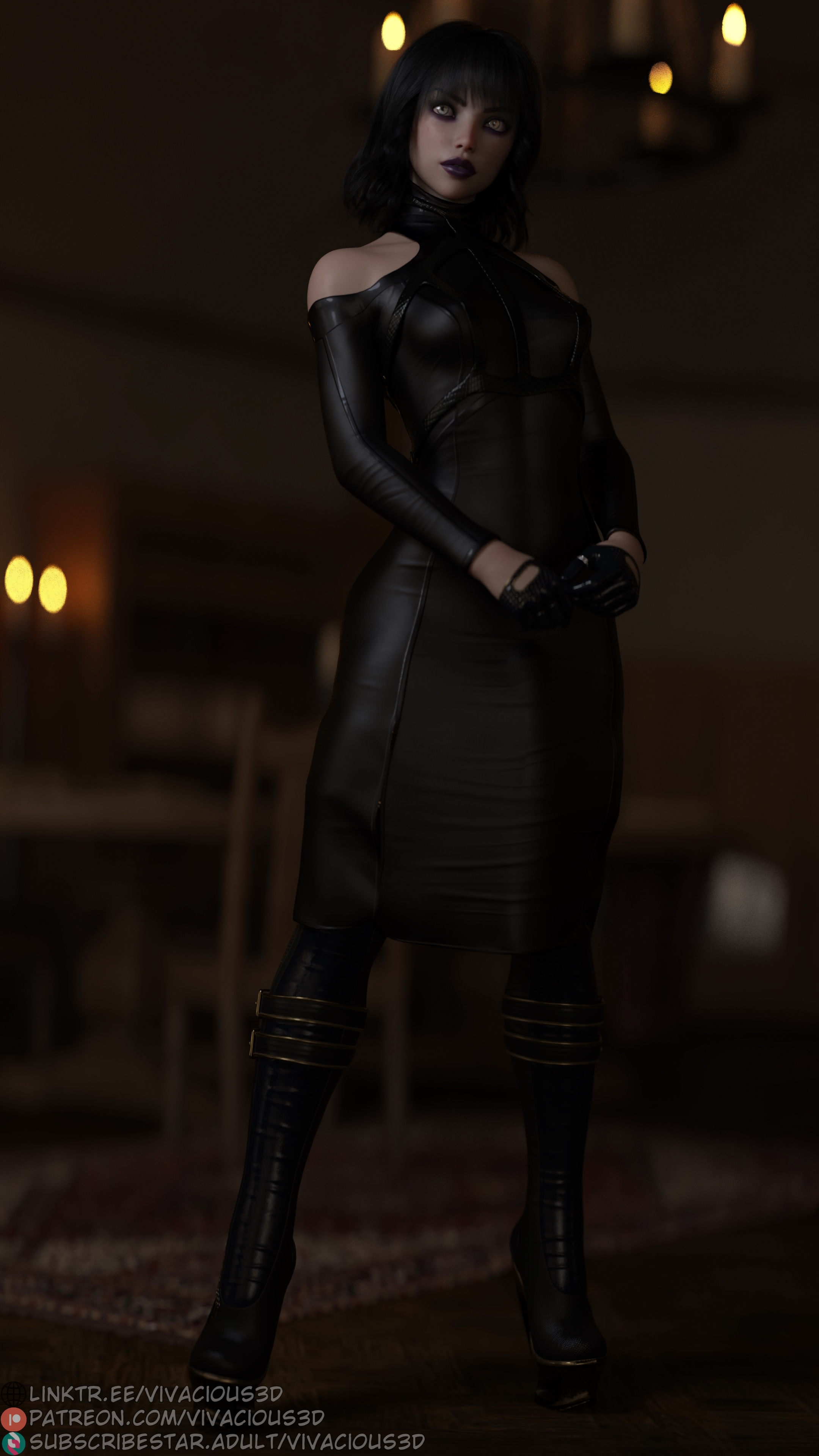 1futa, 3d, 3d (artwork), 3dx, black boots, black hair, blair (vivacious3d), boots, bulge, bulge through clothing, futa only, futanari, goth, goth futa, half gloves, huge cock, intersex, large penis, penis, penis to the knees, purple lipstick, sleeveless dress, solo futa, standing, tight clothing, violet lipstick, vivacious3d